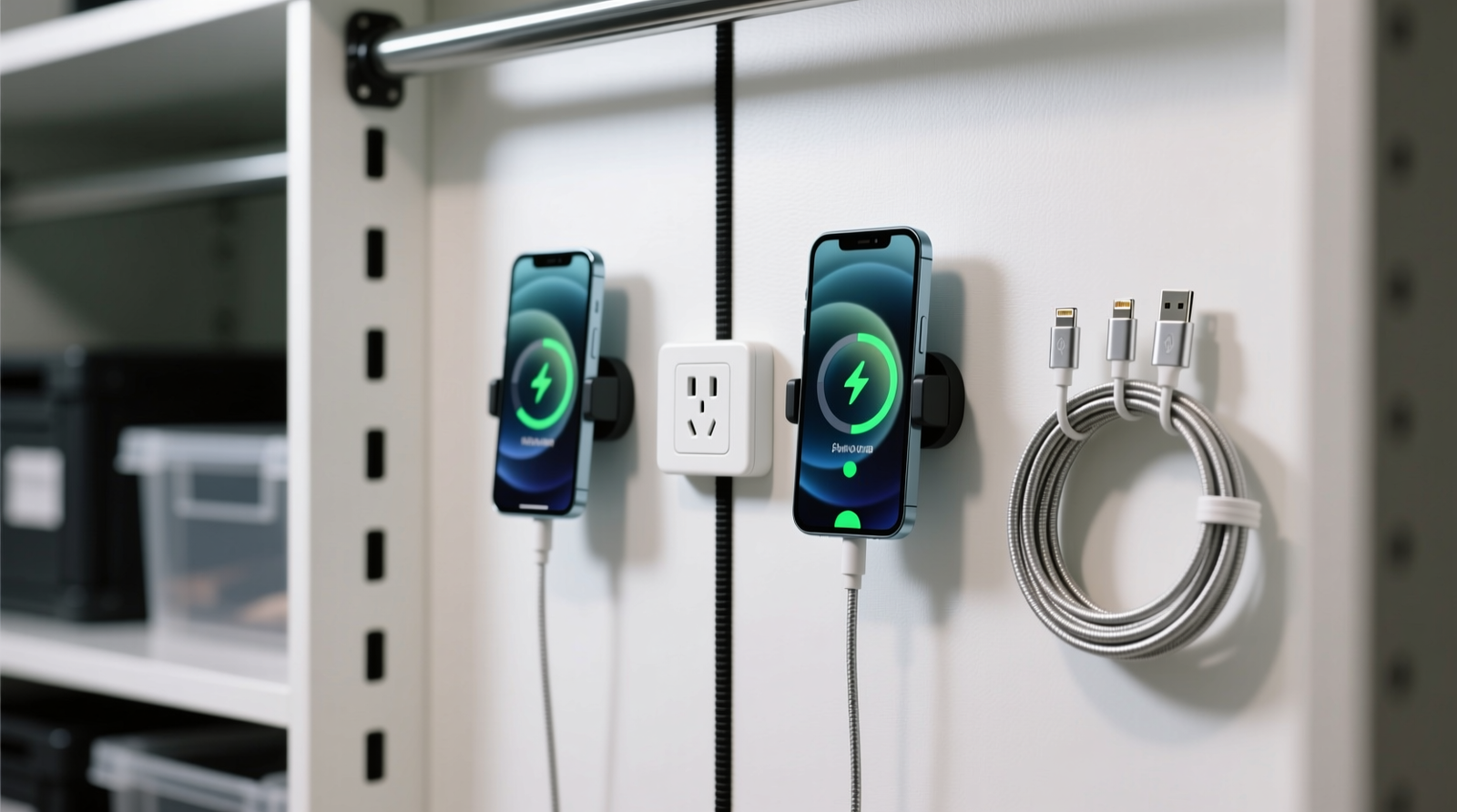 Close-up of a white closet back panel with black adhesive cord channels running vertically, a slim power strip mounted at mid-height, and two smartphones held upright in magnetic mounts beside neatly coiled USB-C cables