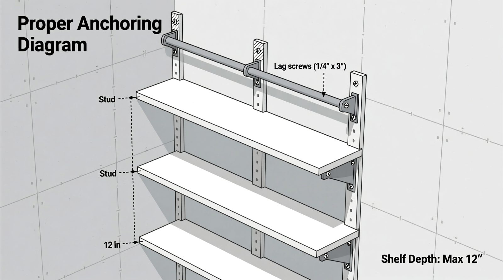Side-view diagram showing proper anchoring of a 7-foot-tall closet shelving unit: top rail secured with lag screws into three wall studs, vertical supports aligned with studs, and shallow-depth shelves (12″ max) with evenly spaced brackets