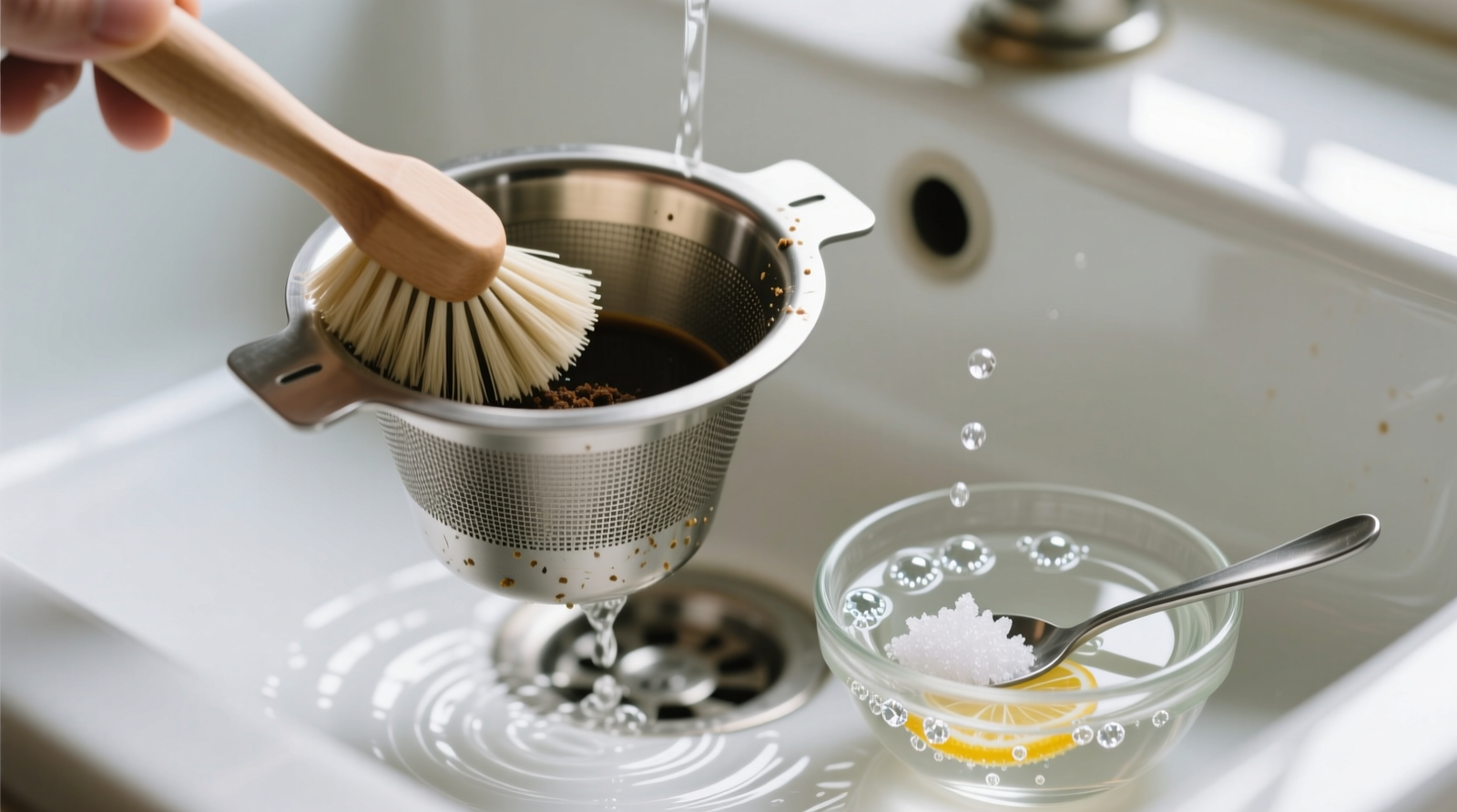 Close-up photo showing a stainless steel reusable coffee filter being gently scrubbed with a soft-bristled brush over a ceramic sink, with a small glass bowl nearby containing a clear vinegar-water solution and a teaspoon of crystalline citric acid