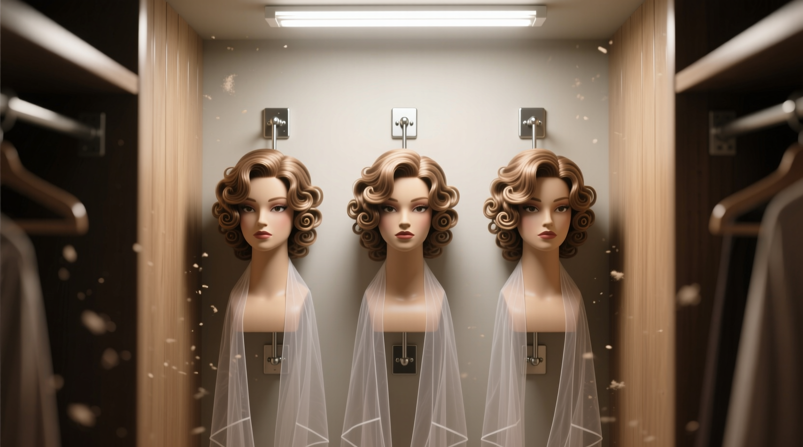Three vertically mounted cosplay wig heads on wall brackets, each wearing a translucent nylon mesh sleeve; wigs display intact spiral curls and defined side parts, with 2-inch spacing between heads in a narrow closet