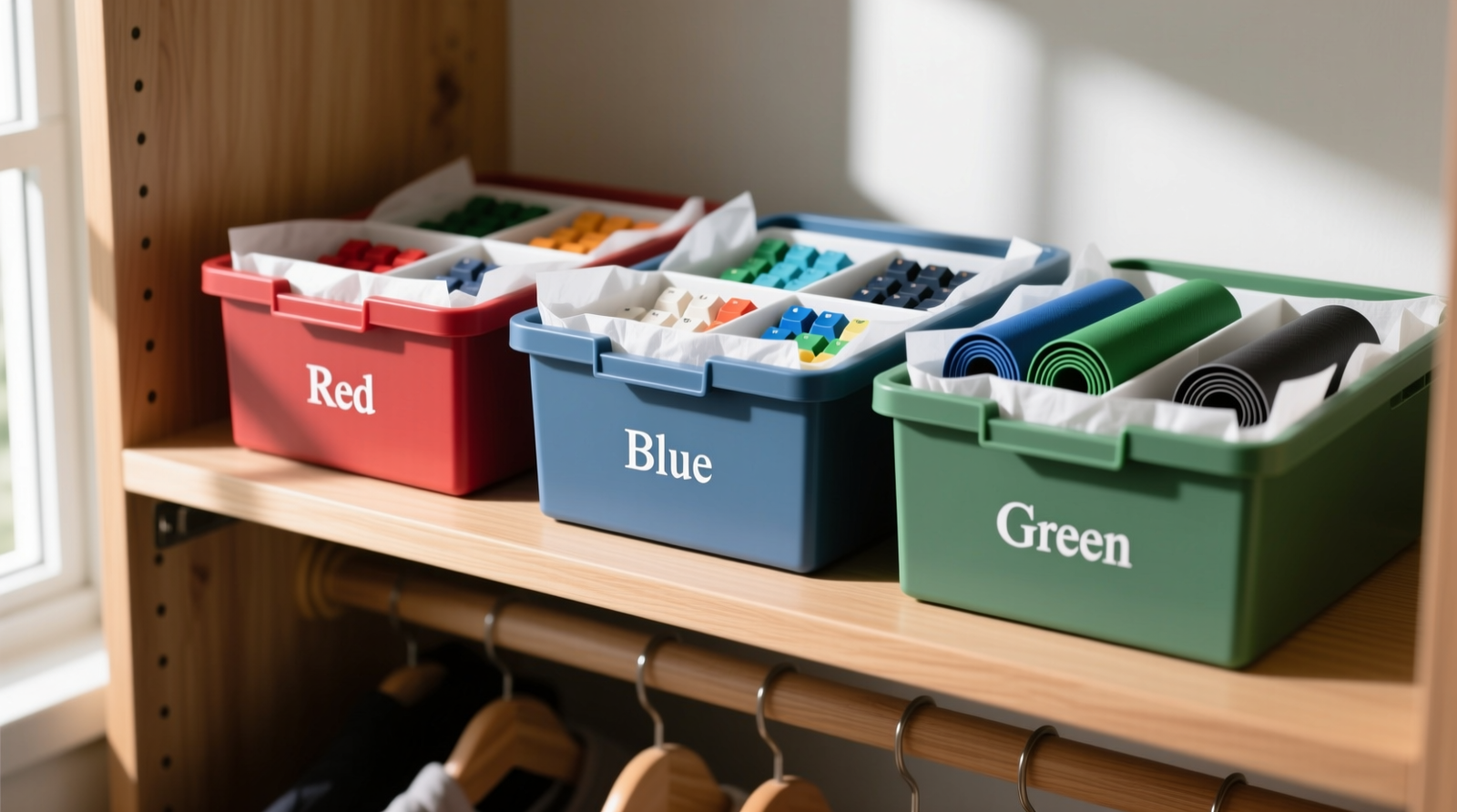 A neatly organized closet interior showing three labeled, matte-finish anti-static polypropylene boxes on a mid-height shelf, each containing color-sorted keycaps and rolled controller skins in individual compartments lined with white acid-free tissue