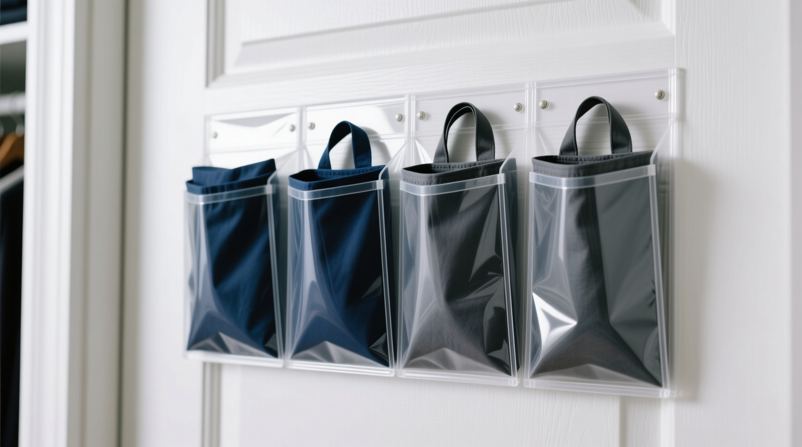 Close-up of a white interior closet door with a clear vinyl pocket organizer mounted at eye level; four neatly folded reusable totes—two navy, two charcoal—sit upright in separate vertical pockets, edges aligned, no straps visible, no shadow disruption