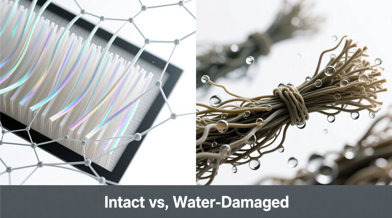 Side-by-side macro photography: left shows intact HEPA fibers under light microscopy; right shows collapsed, matted fibers after water exposure