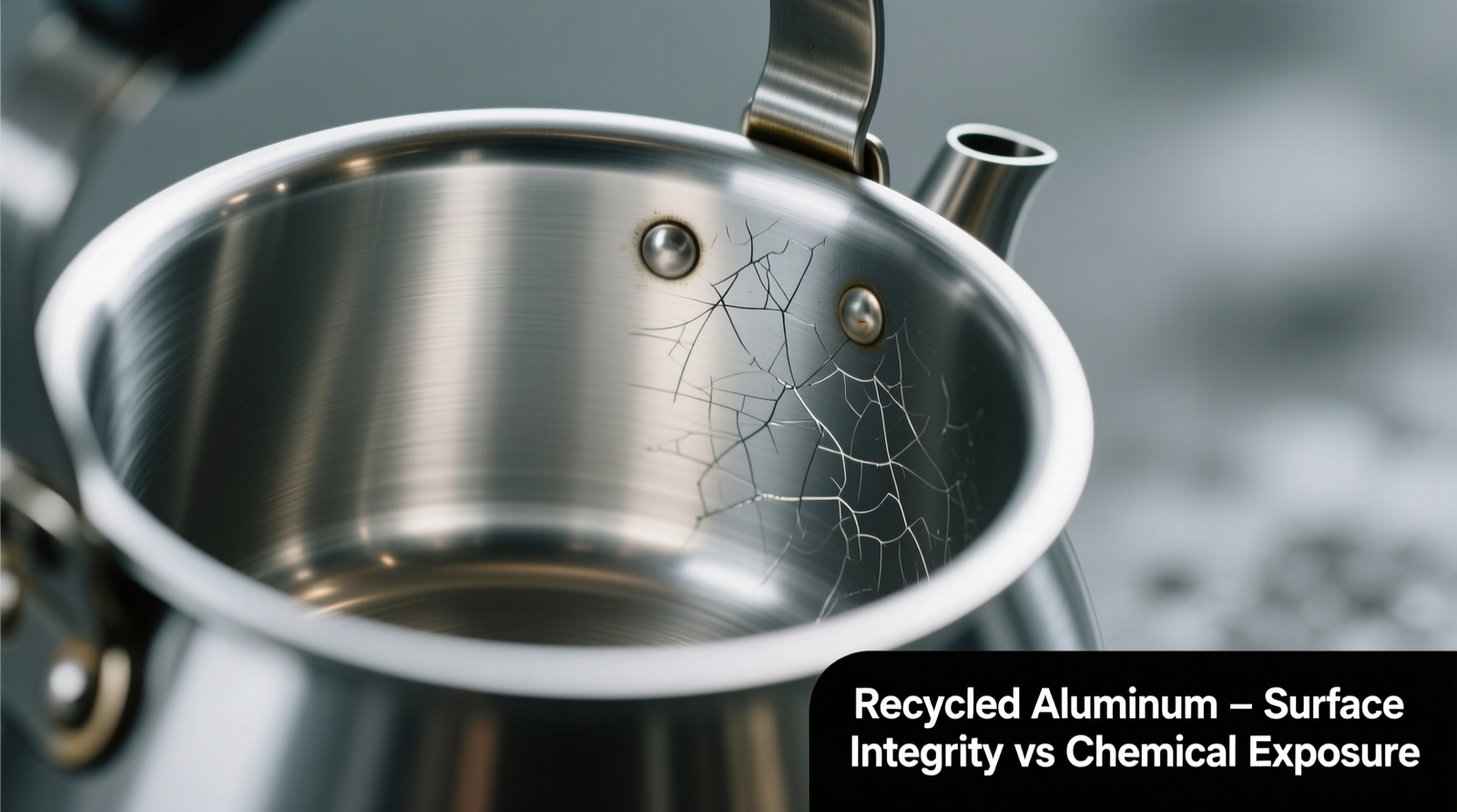 Close-up photo of a recycled aluminum kettle interior showing smooth, unblemished surface next to a side-by-side comparison with faint etching from vinegar overuse