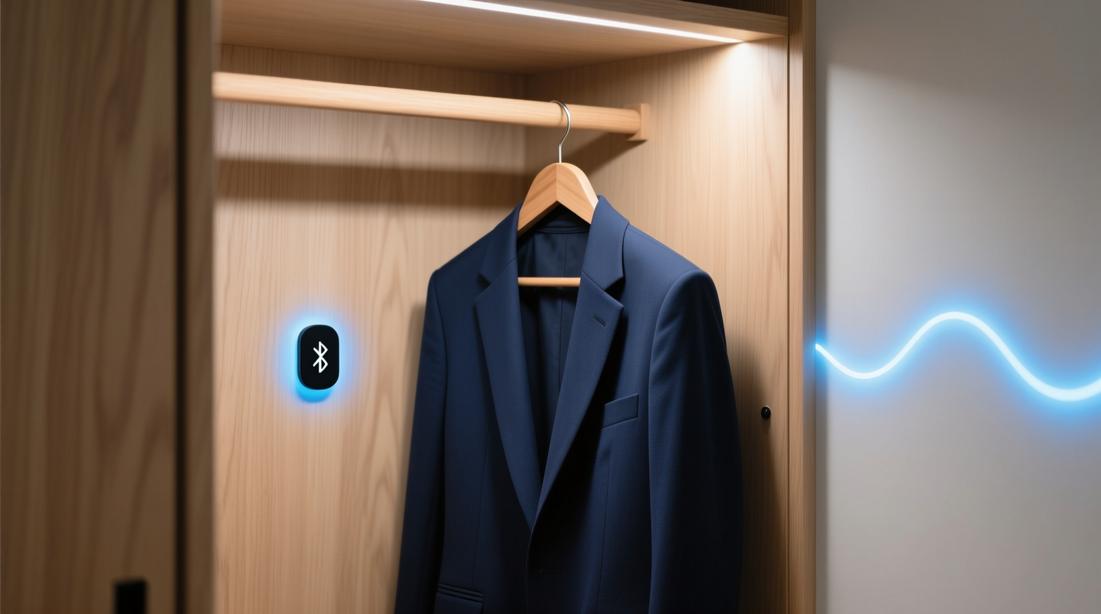 A minimalist closet interior with a small, matte-black Bluetooth smart tag affixed to the inside edge of a wooden closet door; a subtle blue LED pulses softly beside it, and a navy blazer hangs directly in front—visually anchored to the alert point