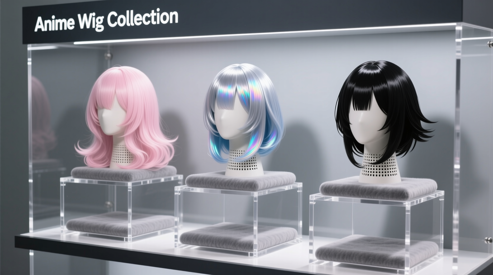 Three anime cosplay wigs mounted on breathable mesh wig stands—each with visible airflow gaps between cap and fiber base, arranged on a clean, dust-free shelf with labeled storage tags