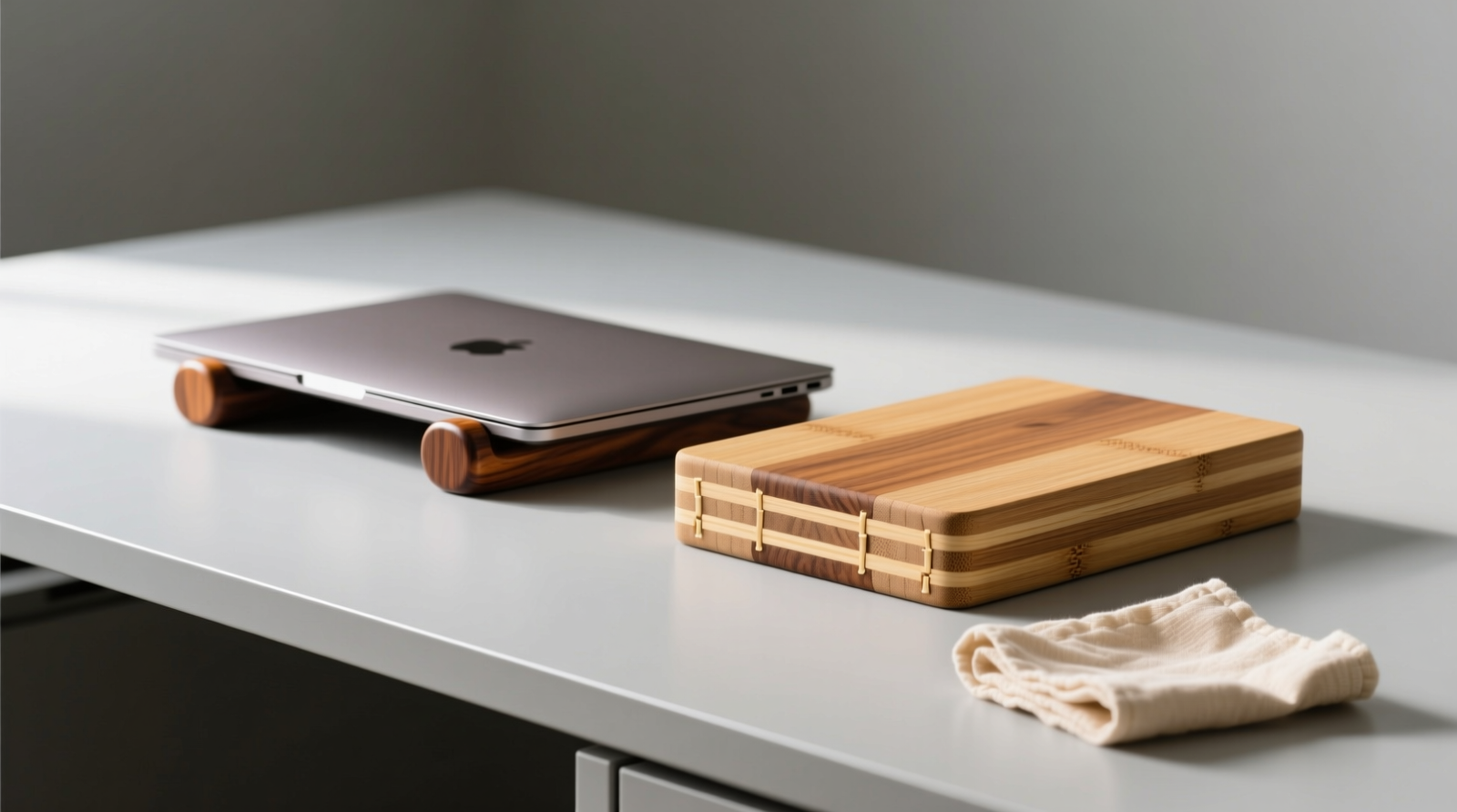 Side-by-side comparison showing a smooth, oiled reclaimed oak laptop stand beside a laminated bamboo stand with visible glue lines and textured grain—both placed on a minimalist desk with a reusable cotton cleaning cloth nearby
