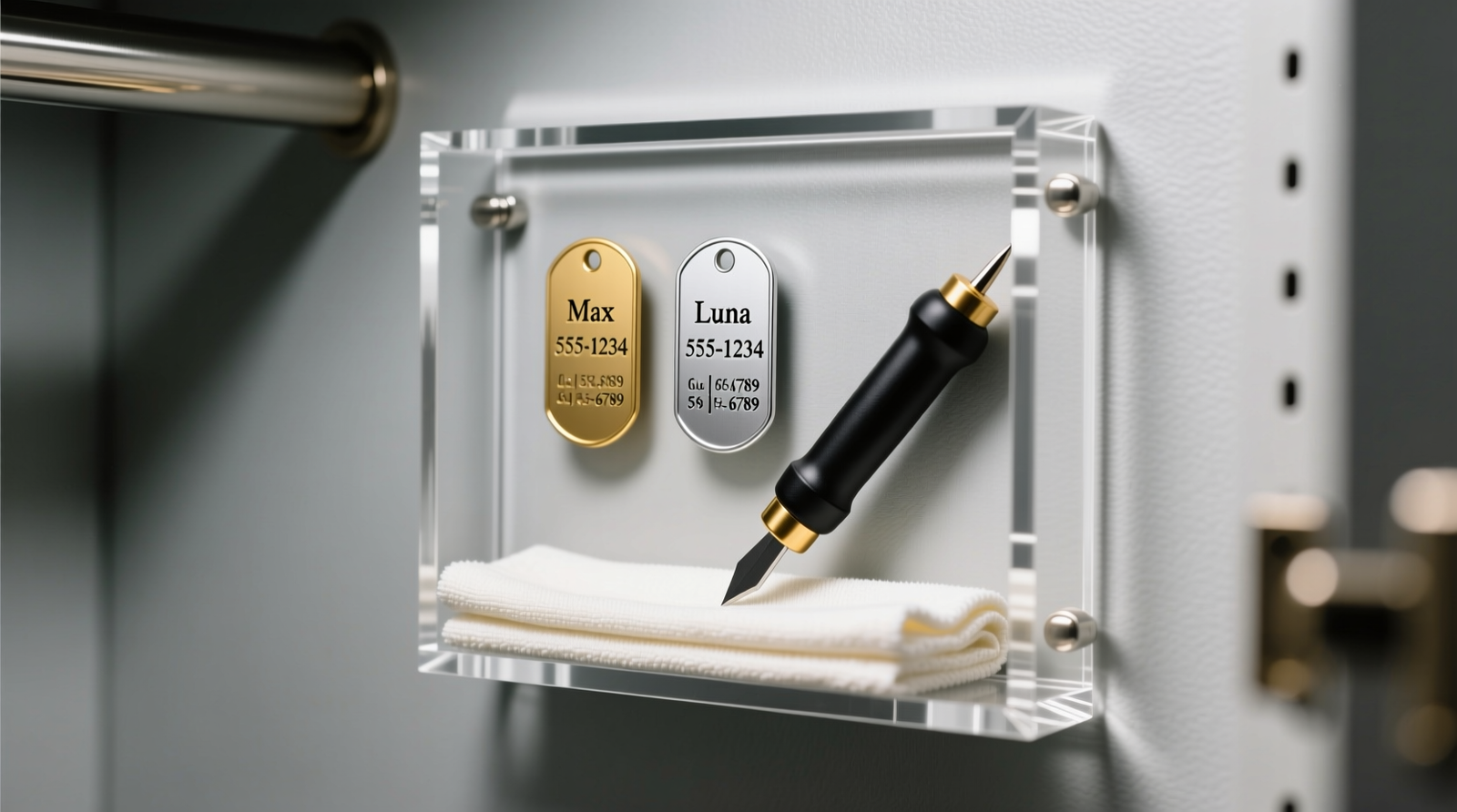 A narrow closet interior showing a magnetic tool strip mounted vertically on the door, holding a cordless rotary engraver, tweezers, and calipers; below it, a shallow acrylic tray holds engraved aluminum pet ID blanks beside a laminated step-by-step guide