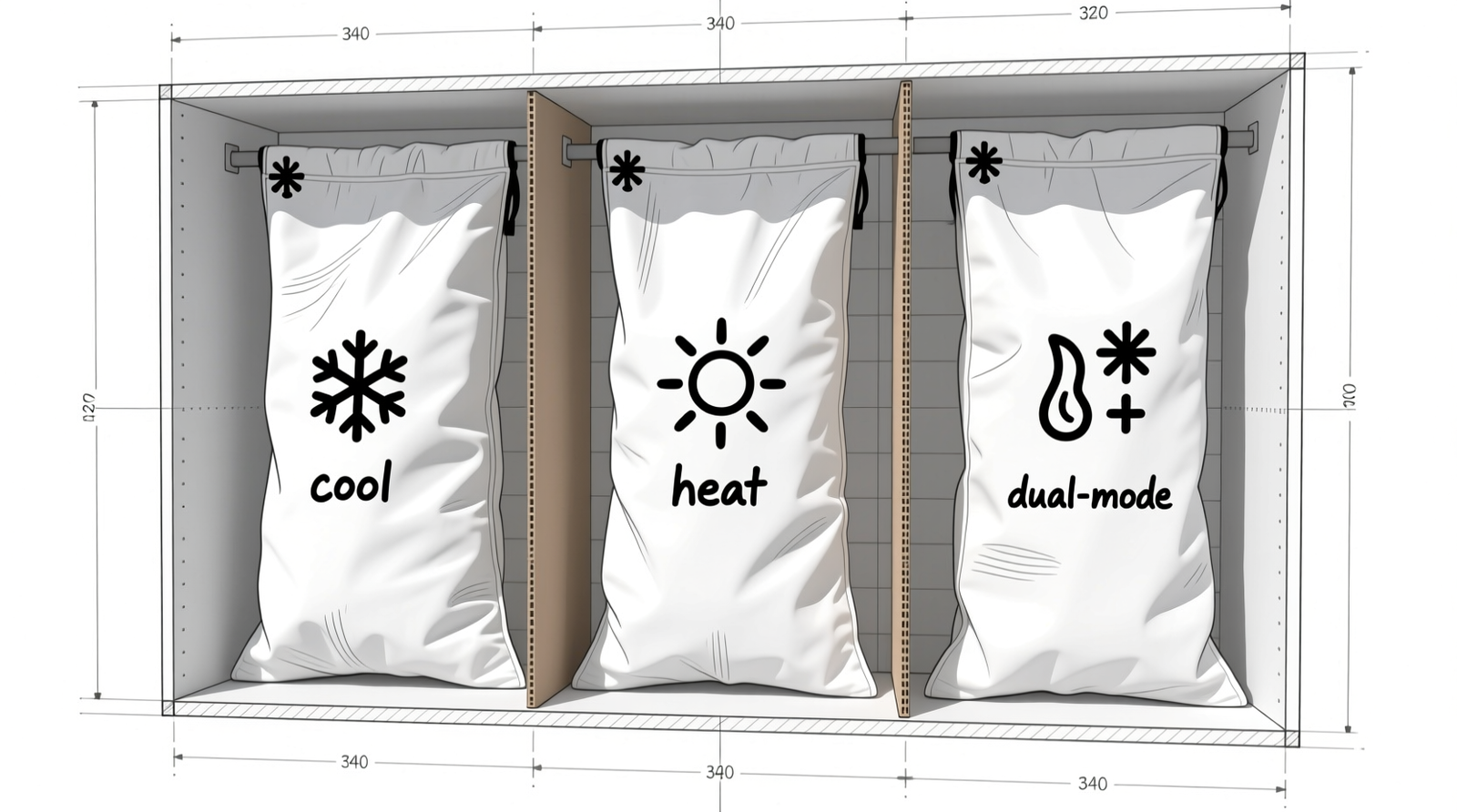 Side-view diagram of a standard closet shelf with three upright pet thermal beds separated by acid-free cardboard spacers, each wrapped in off-white cotton garment bags labeled with handwritten icons indicating 'cool', 'heat', and 'dual-mode'