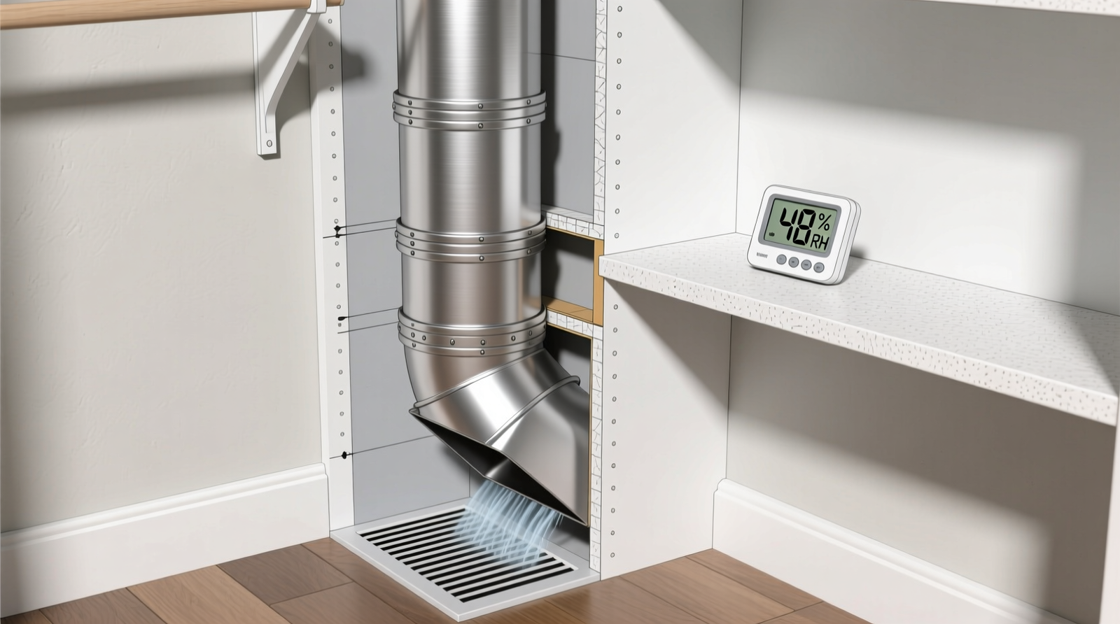 Cross-section diagram showing sealed metal exhaust duct passing through closet wall, with base grille installed at floor level and hygrometer mounted on interior shelf
