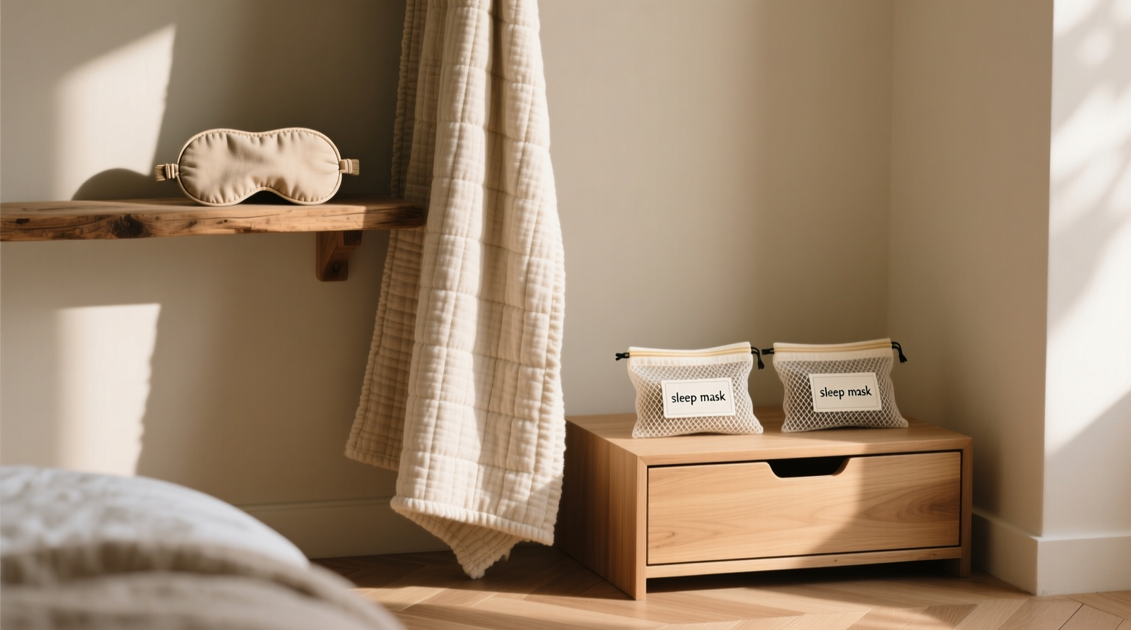 A well-lit bedroom closet showing a vertical weighted blanket standing upright on a wooden shelf beside a shallow drawer with labeled mesh pouches containing rolled sleep masks; all materials are natural-fiber, breathable, and visibly uncompressed