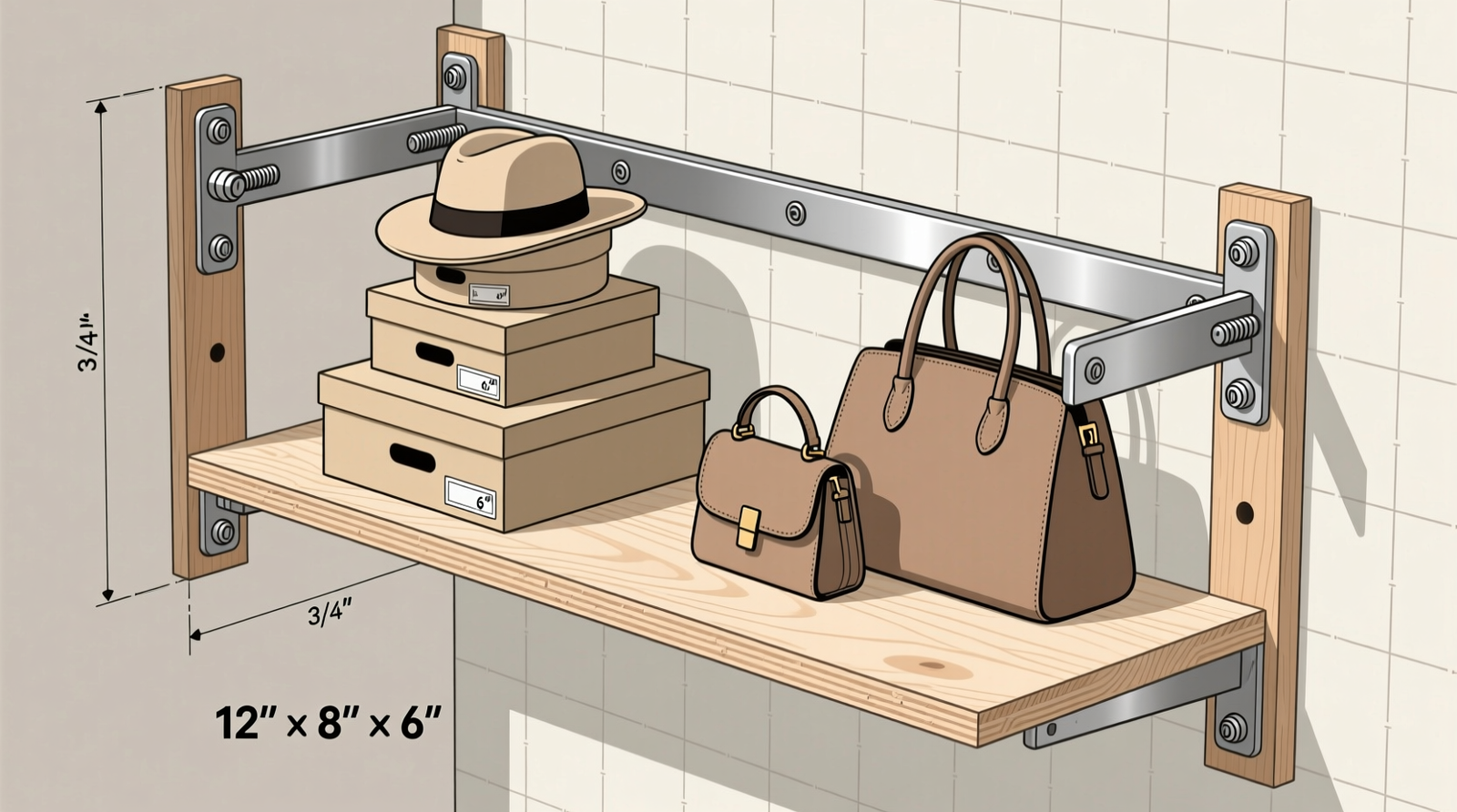 Side-by-side comparison showing adjustable metal shelving brackets holding varied handbag sizes—crossbody, tote, and clutch—on the left, and fixed wooden shelves with mismatched, overcrowded bags on the right