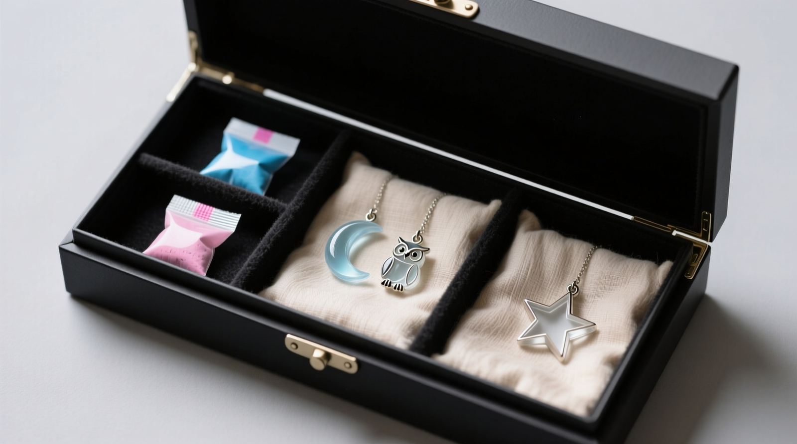 A shallow, matte-black archival box with removable felt-lined compartments, two visible silica gel packs with color-changing humidity indicators (blue = dry), and three resin charms resting separately on undyed silk padding—no overlapping, no plastic film