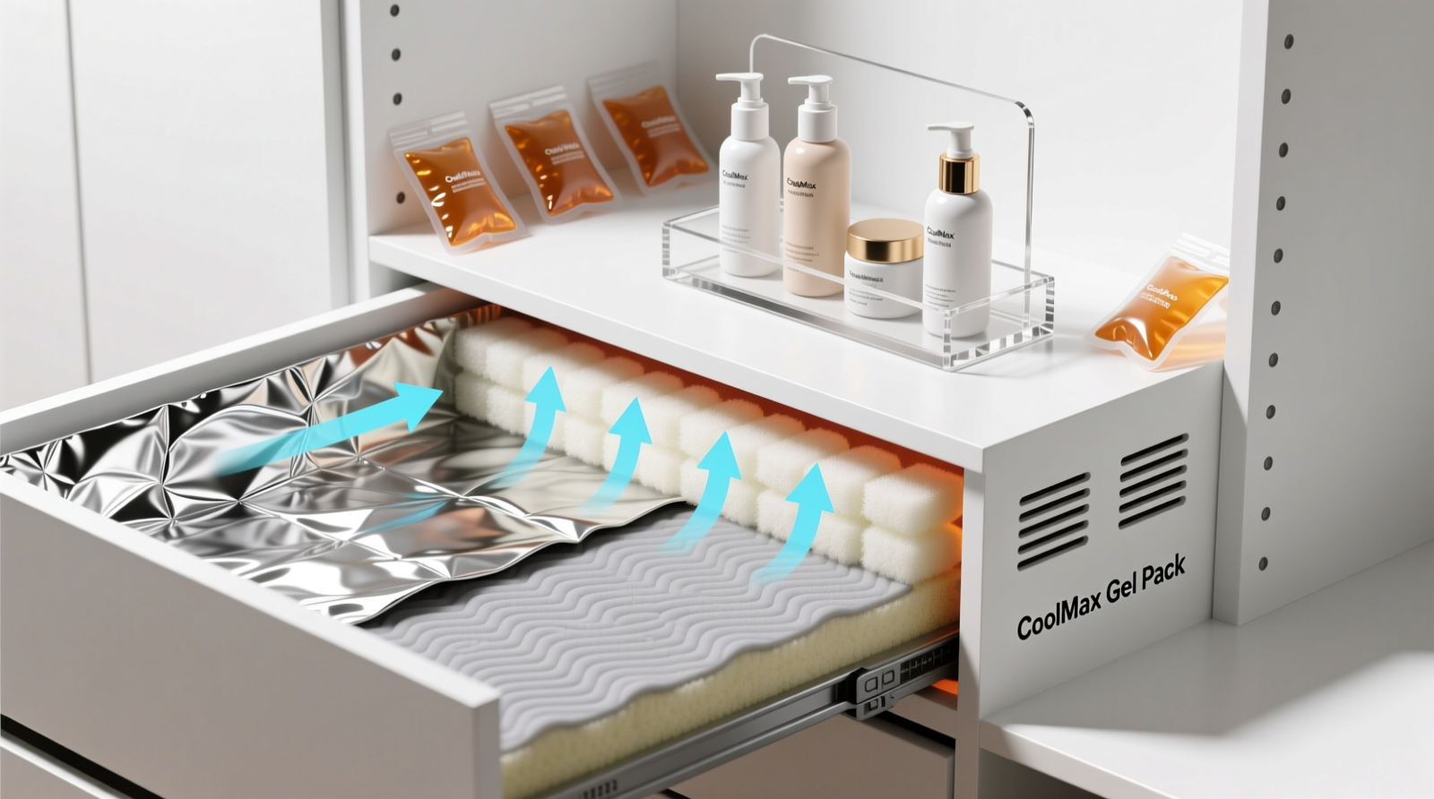 Cross-section diagram of a closet drawer showing layered insulation: reflective foil lining, foam insert, silicone mat, staggered gel packs at rear corners, and upright skincare bottles in ventilated acrylic tray with visible airflow gaps