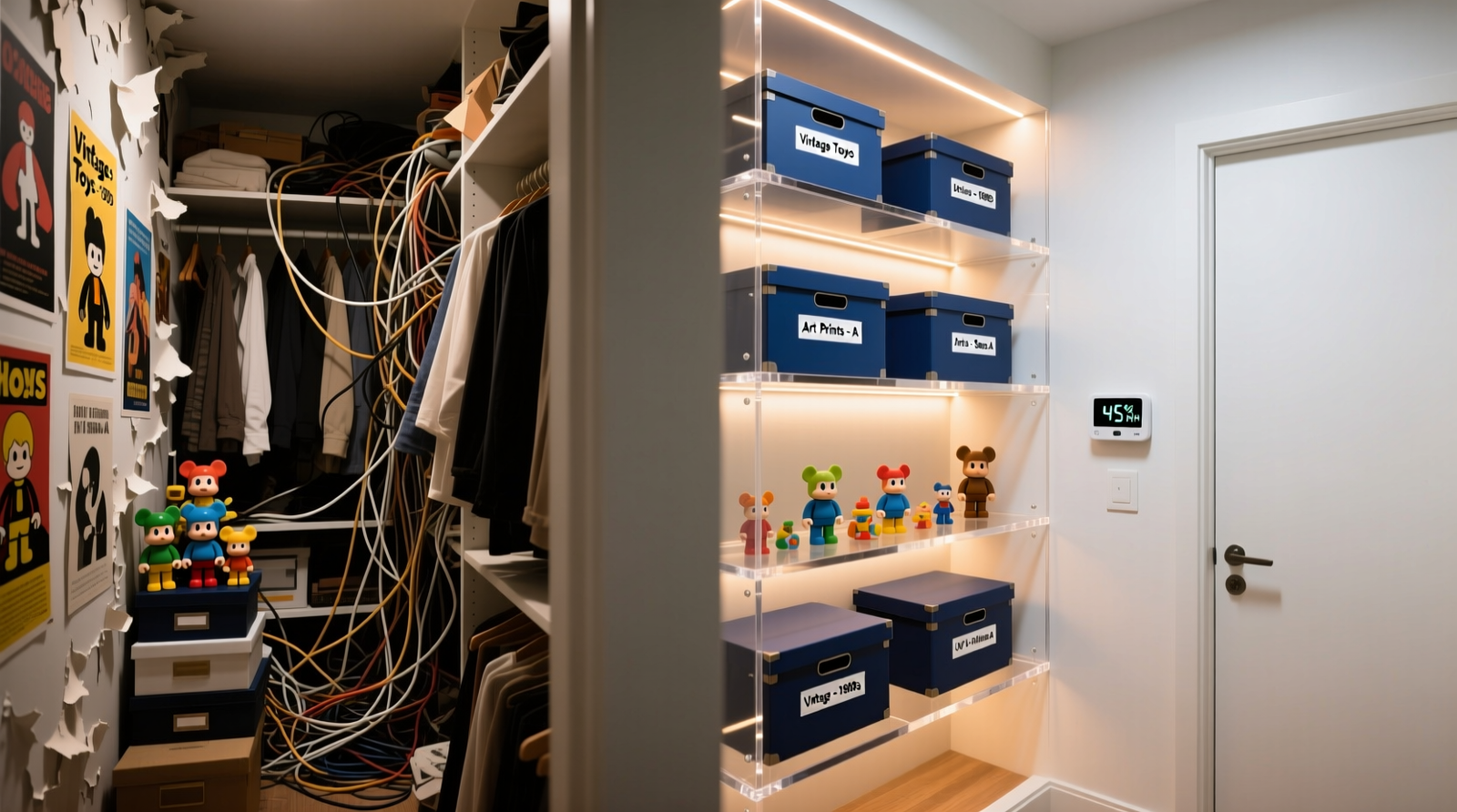 Side-by-side comparison: left shows cluttered closet with exposed posters and stacked figures; right shows converted closet with UV-filtered acrylic shelves, labeled archival boxes, recessed LED lighting, and humidity monitor mounted discreetly on door frame