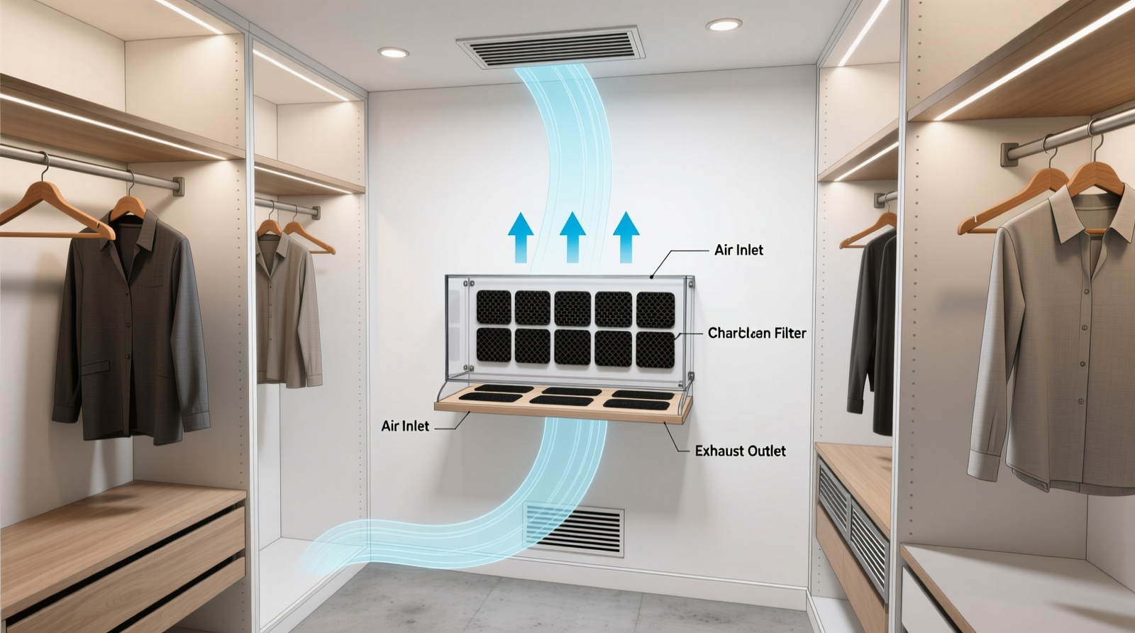 Cross-section diagram showing a walk-in closet with a wall-mounted ventilated shelf holding an acrylic diffuser enclosure lined with activated charcoal pads; arrows indicate upward airflow path away from hanging blouses and downward exhaust vent near floor level