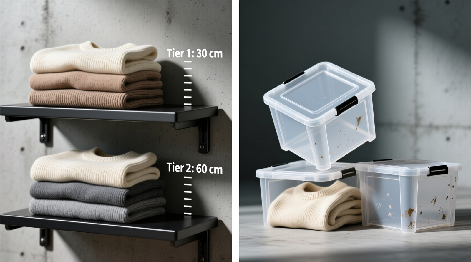 Side-by-side comparison showing a shallow closet shelf with two-tier aluminum risers holding folded sweaters and silk scarves, versus an adjacent shelf with three mismatched stackable plastic boxes partially obscuring contents and overhanging the front edge