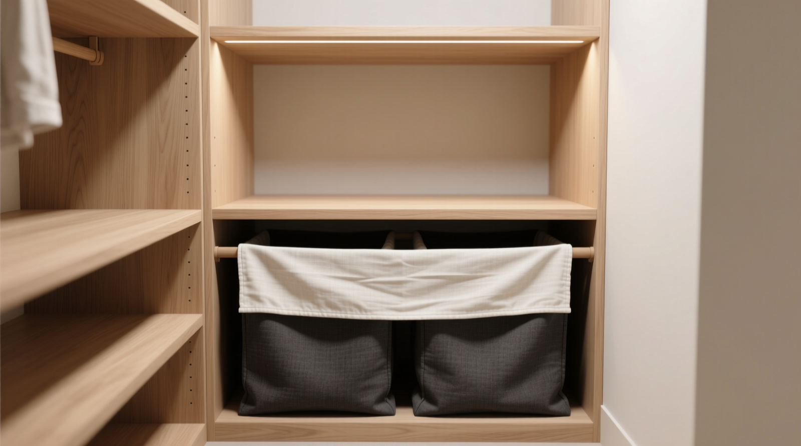 A minimalist reach-in closet showing a light oak shelf with a charcoal fabric hamper fully recessed beneath it; a folded linen shelf liner drapes seamlessly over the front edge, visually closing the opening while revealing no hardware or seams