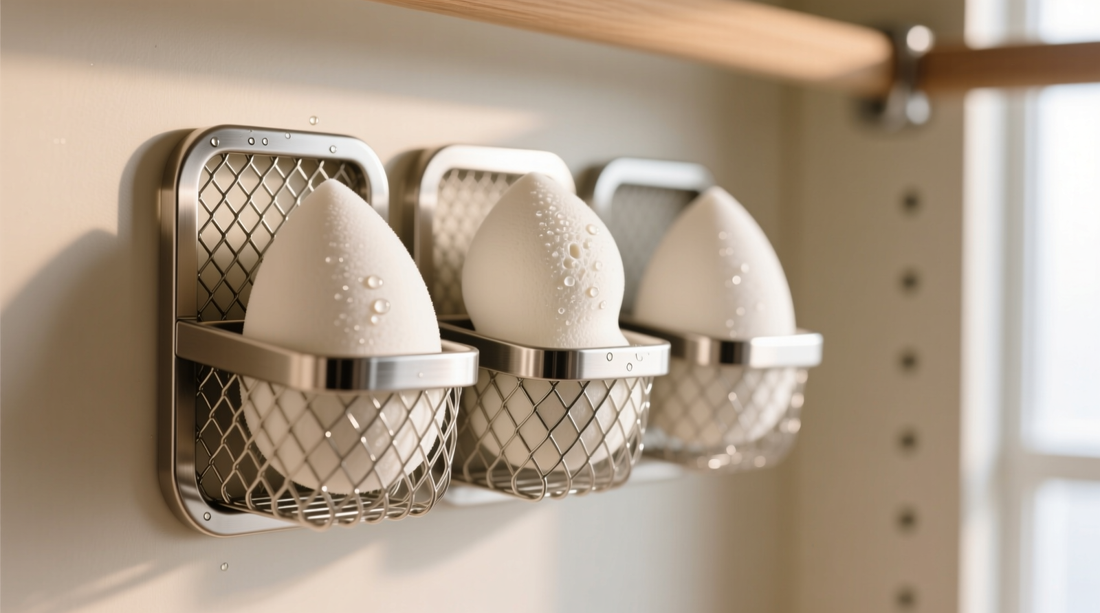 Close-up of three reusable makeup sponges stored vertically in separate compartments of a stainless-steel wall-mounted mesh organizer inside a light-toned closet; each sponge is fully exposed to air, with visible spacing and no surface contact