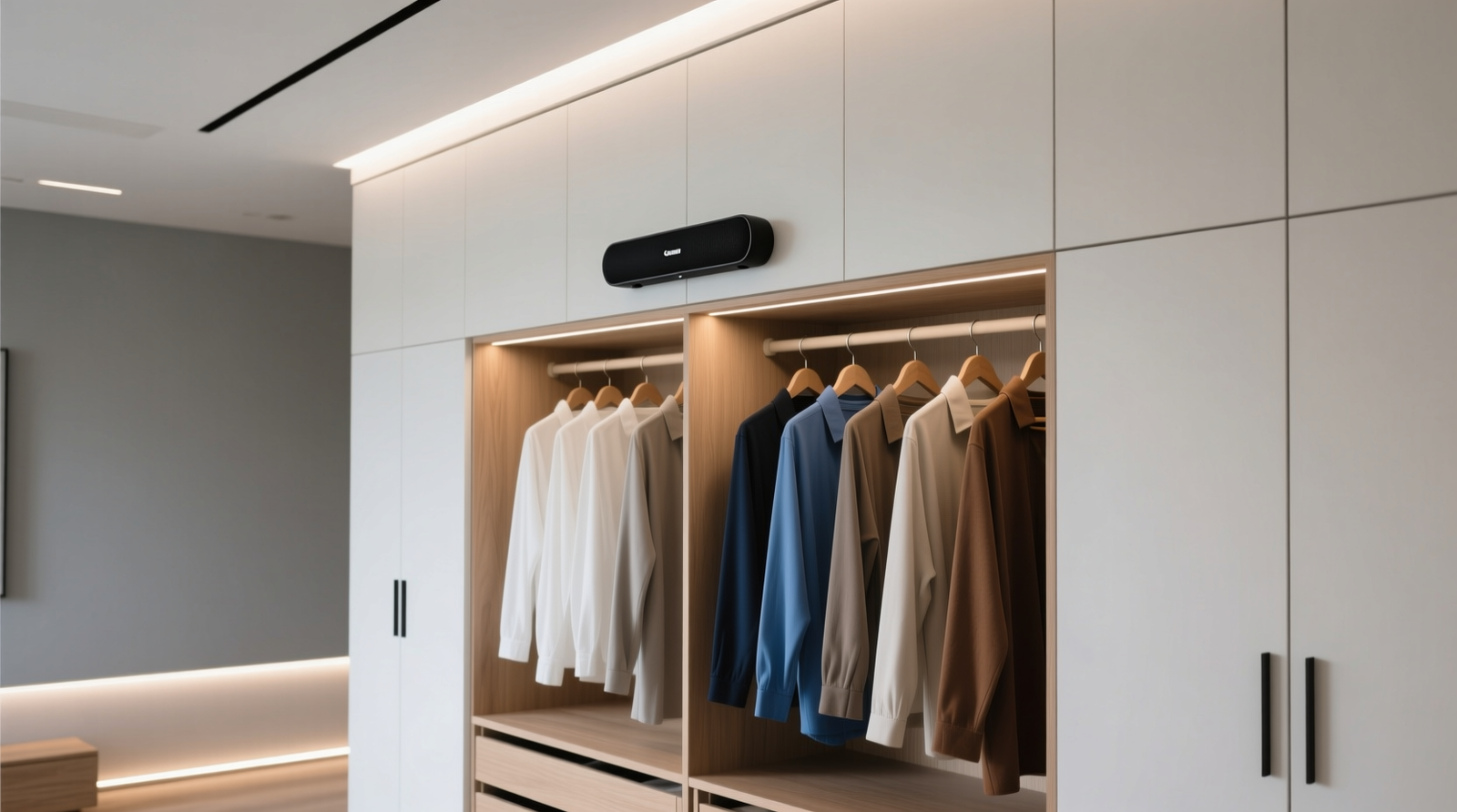 A minimalist closet interior with matte-black Bluetooth speaker mounted flush on the upper cabinet lip, facing downward; no visible wires, no other electronics, garments arranged by color and category with clear breathing space between sections