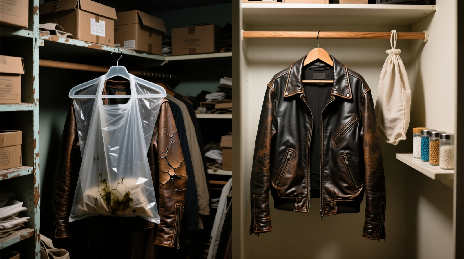 Side-by-side comparison: left shows a leather jacket draped over a plastic hanger inside a sealed plastic bag in a dim, cluttered closet; right shows the same jacket on a wide cedar hanger inside a ventilated closet with visible silica gel canisters and a breathable cotton garment bag lightly draped over it