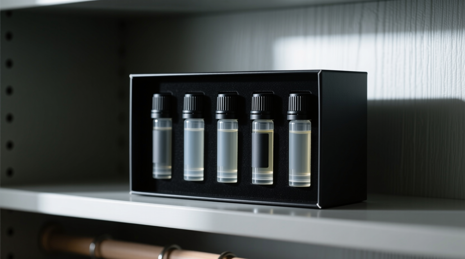 A matte-black archival storage box with essential oil rollers standing upright inside; no labels visible due to box opacity, placed on a shaded closet shelf away from overhead lighting