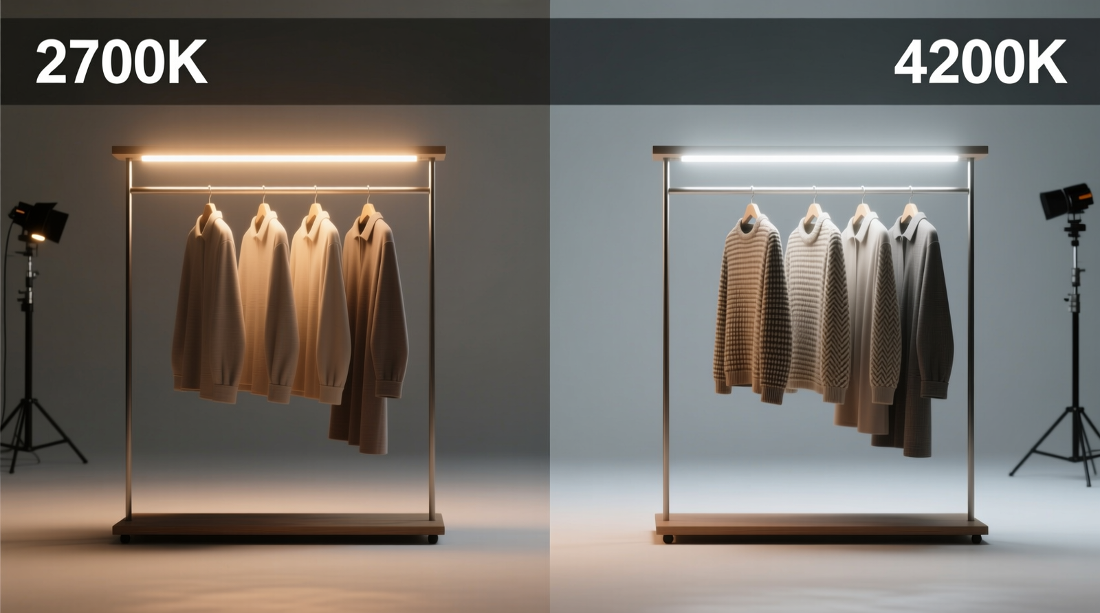 Side-by-side comparison showing identical clothing rack illuminated at 2700K (muted, low-contrast, indistinct textures) versus 4200K (crisp tonal separation, visible weave structure, accurate color saturation)
