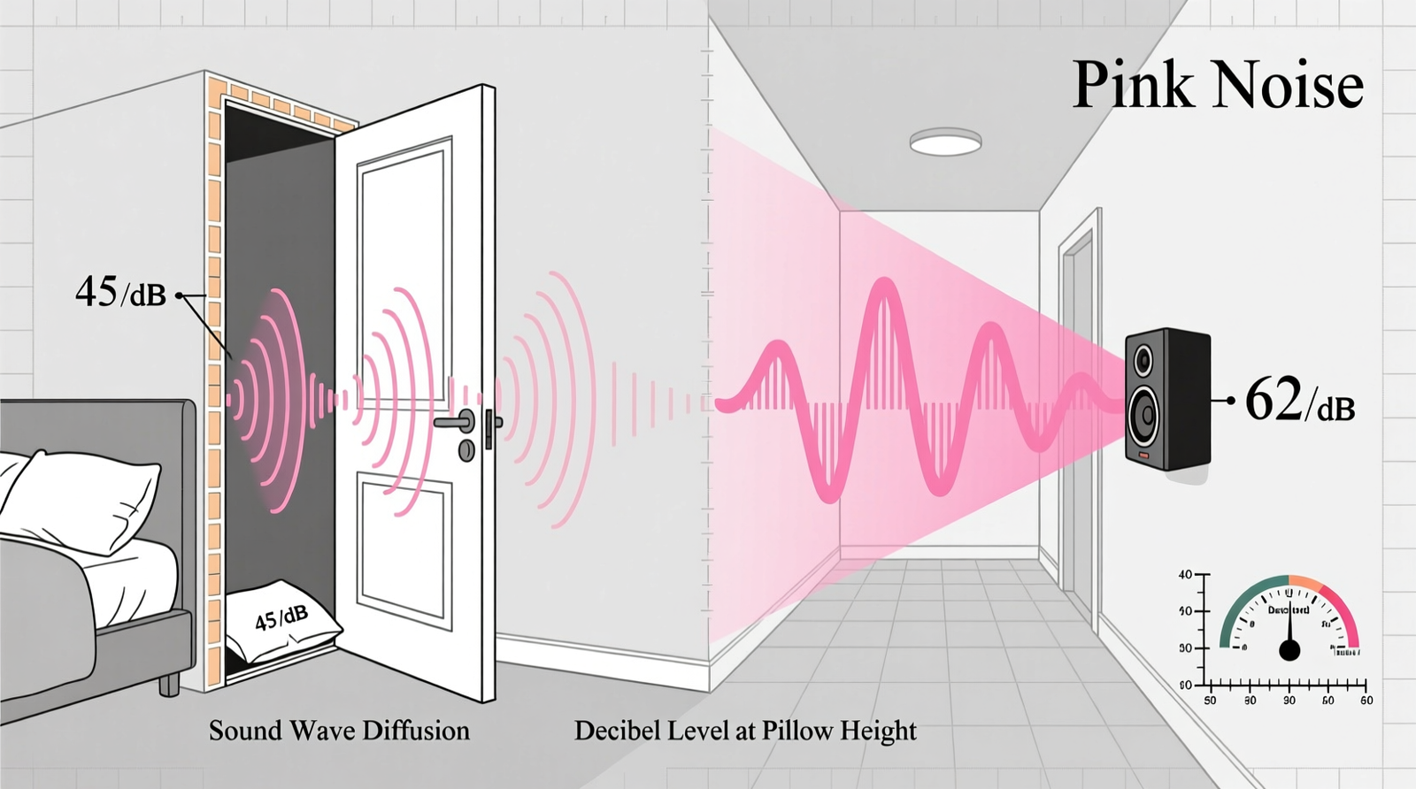 Side-by-side diagram showing sound waves entering a bedroom door gap versus pink noise directed from a hallway-mounted speaker, with decibel readings at pillow level