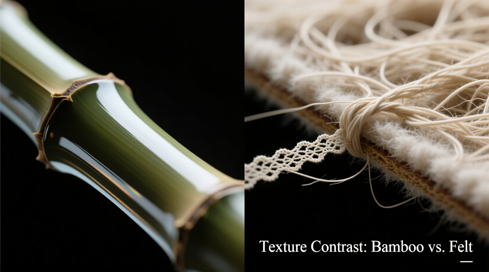 Side-by-side macro photography: left shows bamboo liner’s seamless, glossy surface under 10x magnification; right reveals felt liner’s exposed, tangled fibers catching a single lace thread