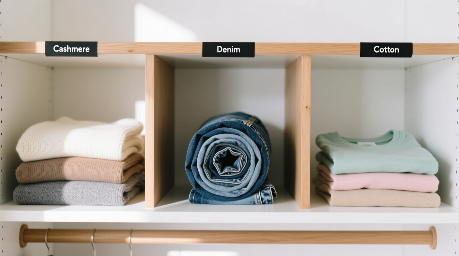A well-organized closet shelf showing three sturdy wooden dividers separating folded cashmere sweaters, neatly rolled denim, and stacked organic cotton tees—each zone labeled with minimalist matte-black tape, no visible clutter or overlapping edges