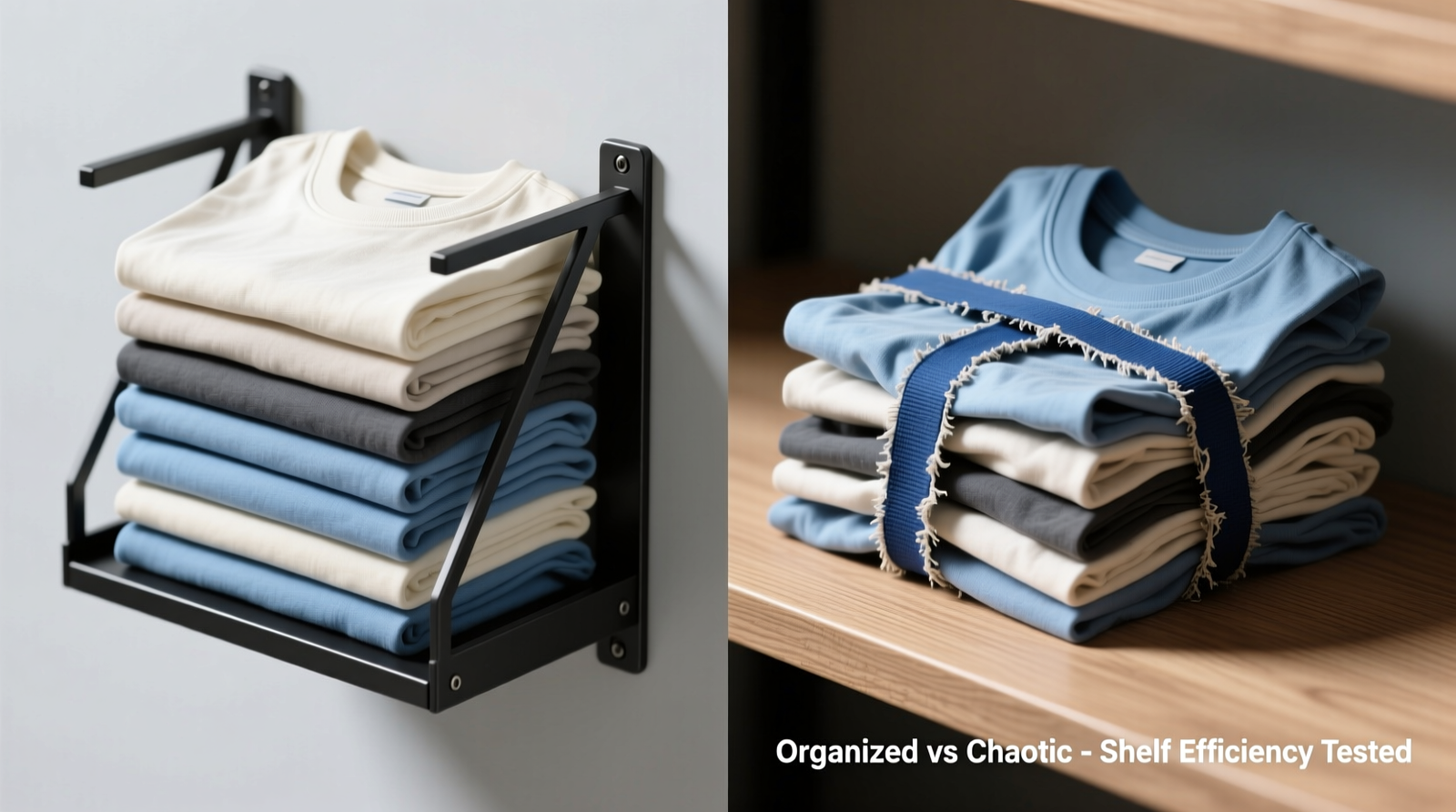 Side-by-side comparison showing a neatly aligned stack of folded t-shirts held upright by matte-black adjustable shelf dividers versus a leaning, partially collapsed stack restrained only by faded blue elastic straps on the same shelf