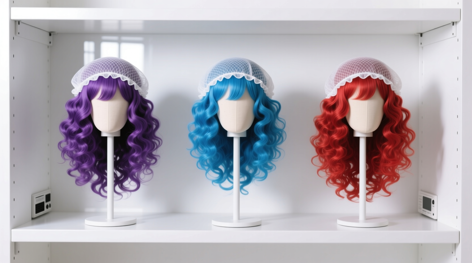 Three identical wig stands holding curly synthetic cosplay wigs, each covered with off-white cotton mesh caps; stands placed on a white open shelving unit away from windows and electronics