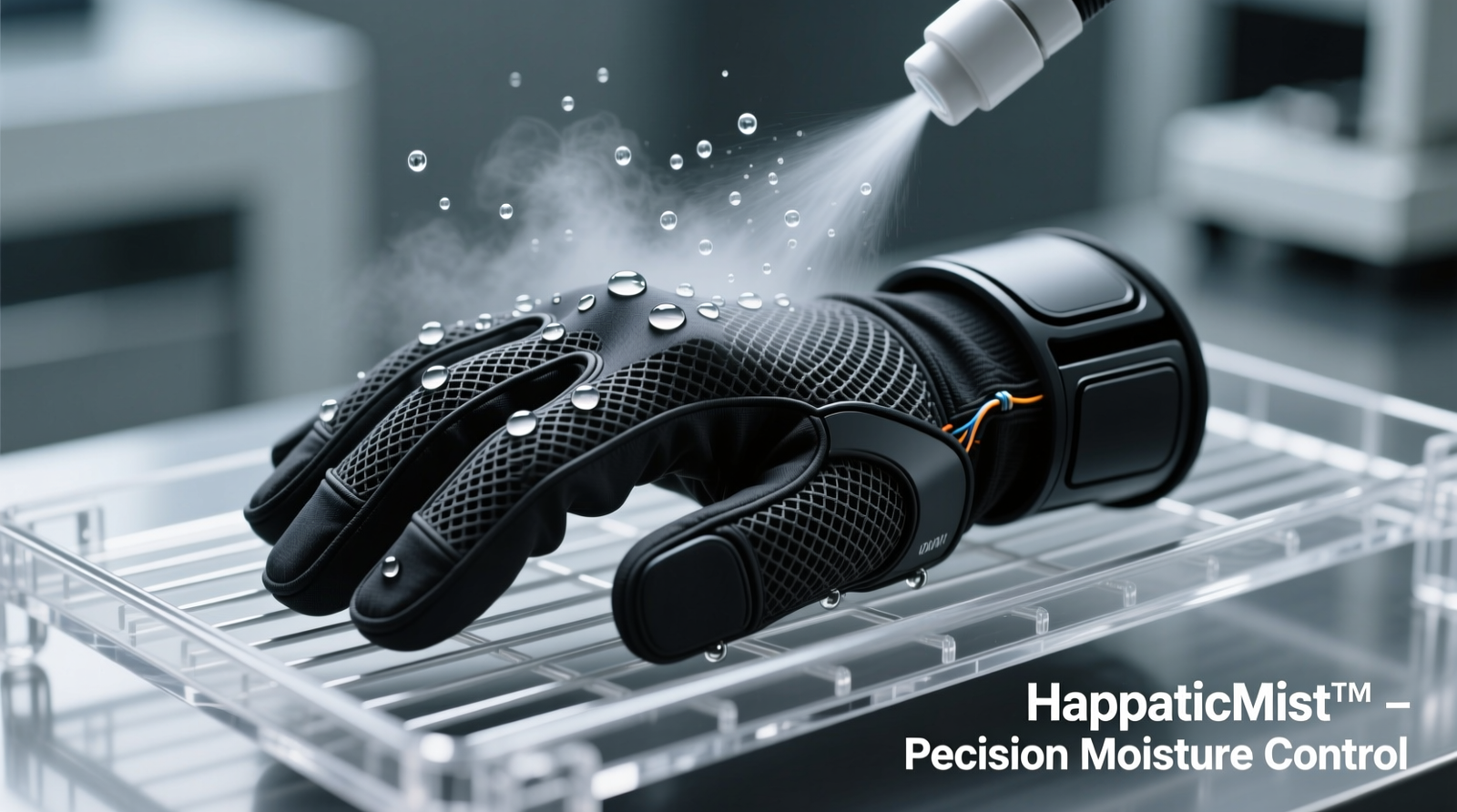 Close-up photograph of a VR haptic glove being lightly misted with a fine spray nozzle, targeting only the dorsal fabric surface—no liquid pooling near finger joints or wrist connectors—while resting on a ventilated acrylic drying rack