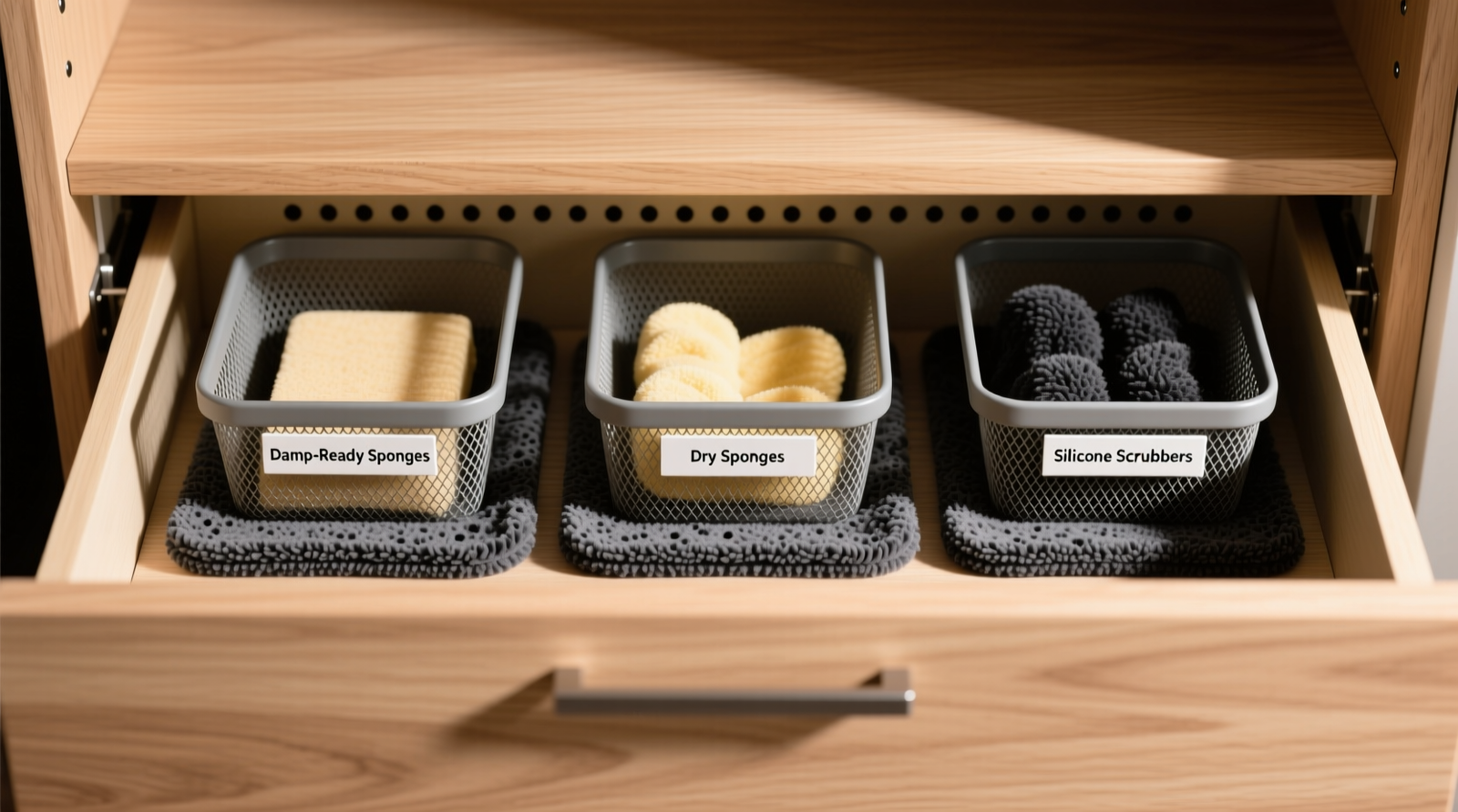 Overhead photo of a white ventilated silicone drying rack holding six pastel-colored reusable makeup sponges, positioned centrally on a light oak closet shelf with 3 inches of clear space above and beside it; background shows neatly folded towels and labeled glass jars, confirming low-clutter context