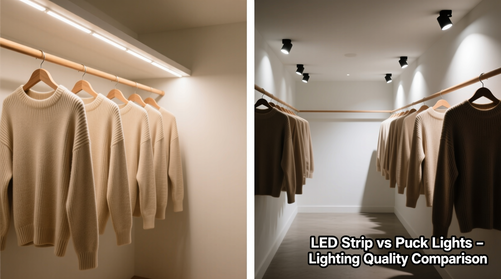 Side-by-side comparison showing a closet lit by evenly diffused LED strip lights (left) versus clustered puck lights (right), highlighting shadow distortion and uneven saturation on identical beige sweaters