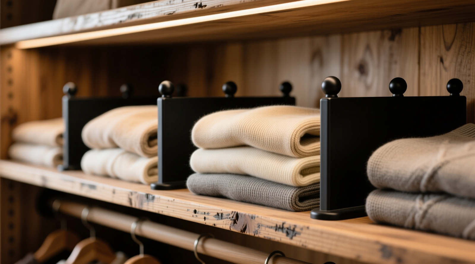 Close-up photo of a wooden closet shelf with black rubber-tipped shelf dividers creating neat, upright compartments holding folded merino sweaters in neutral tones—no visible slipping, no overlapping, no hangers in sight