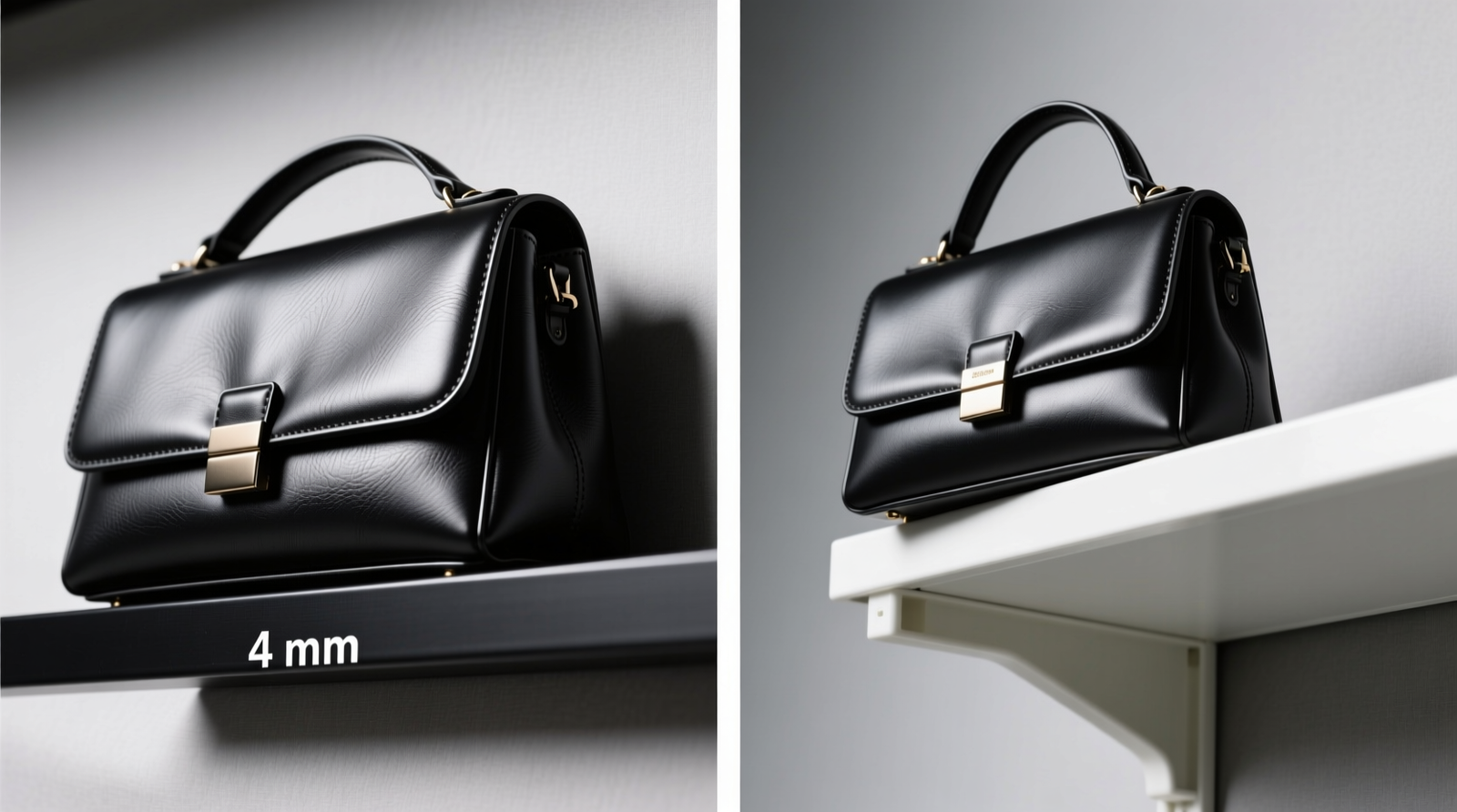 Side-by-side close-up photo showing a smooth leather handbag resting securely against a matte black rubberized lip trim (4 mm height), contrasted with the same bag precariously balanced over a rigid white plastic shelf edge guard with visible gap beneath the bag's base
