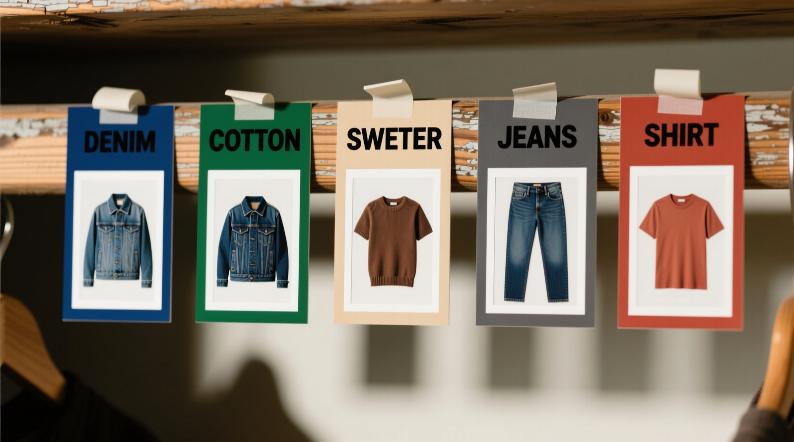Close-up of a wooden closet rail with five laminated visual labels: each features a high-contrast photo (e.g., denim jacket, cotton t-shirt), bold sans-serif word, and distinct solid-color background strip—arranged left to right in consistent vertical alignment. Labels are secured with low-tack reusable adhesive strips.