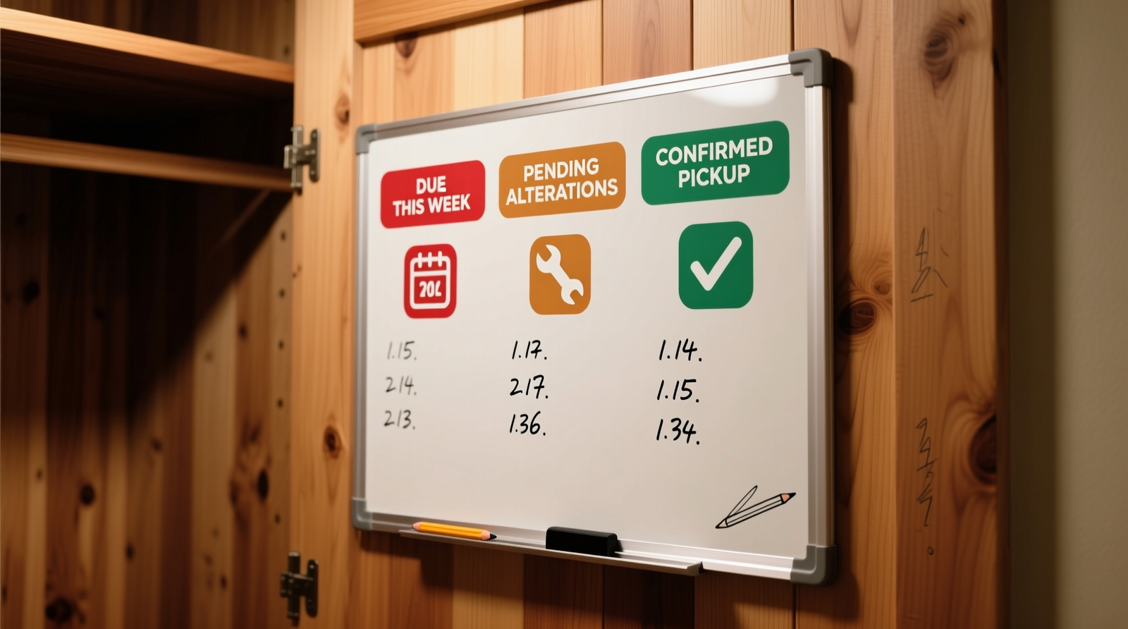 Close-up of a matte-finish whiteboard mounted vertically inside a cedar-lined closet door, showing clearly labeled sections: 'DUE THIS WEEK', 'PENDING ALTERATIONS', and 'CONFIRMED PICKUP' with color-coded icons and legible handwritten dates