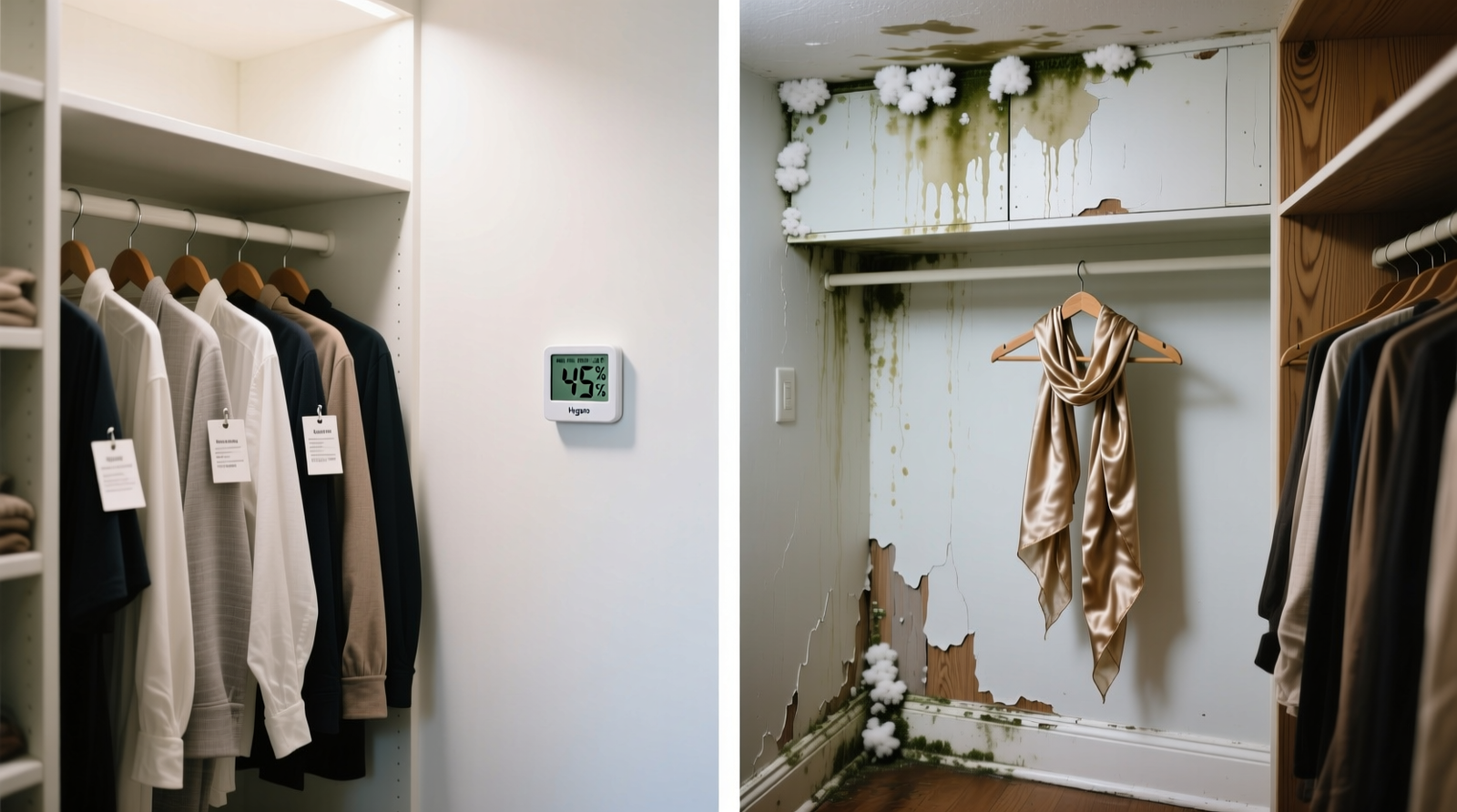 Side-by-side comparison of two closet interiors: left shows mildew spots on wool coat collar and warped cedar hanger; right shows same closet after installing hygrometer, silica gel, and spaced hangers—clean fabric, intact fibers, no discoloration