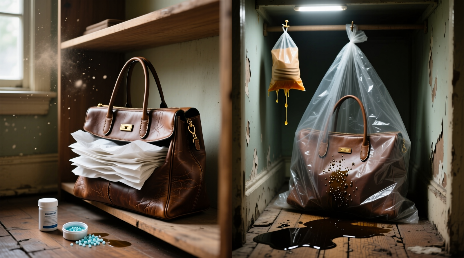 Side-by-side comparison: left shows a leather bag stuffed with acid-free tissue and resting upright on an open shelf beside a small silica gel canister on the floor; right shows the same bag sealed in a plastic dust bag inside a cramped, dark closet with a saturated dehumidifier bag dripping brine onto the wood floor