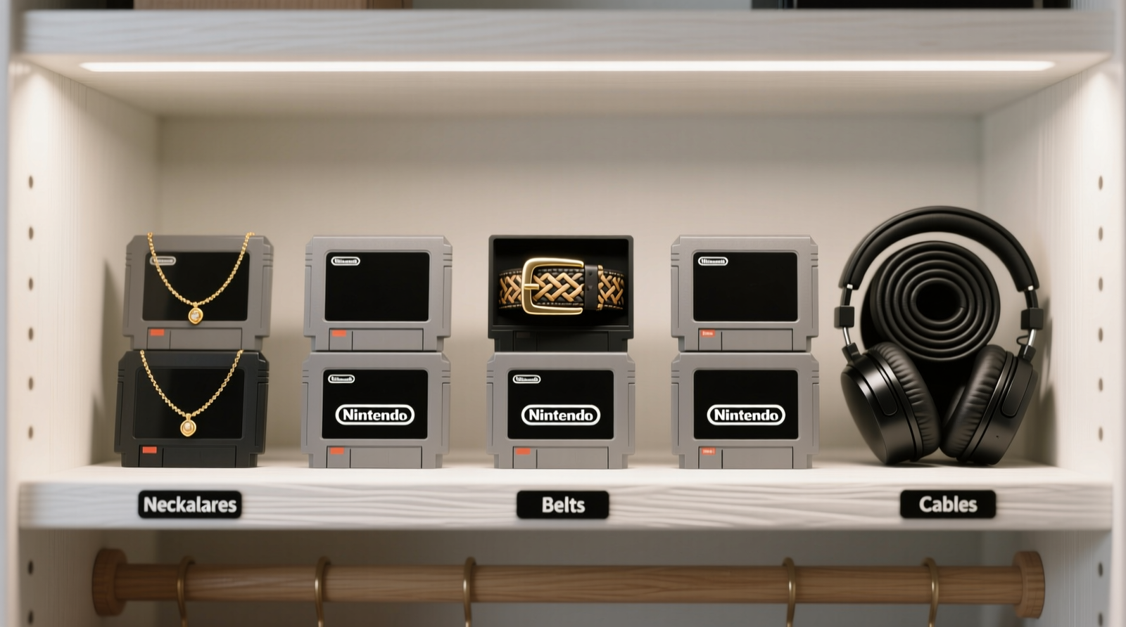 A well-lit closet shelf showing nine vintage Nintendo cartridge cases arranged vertically on a white-painted wood shelf; each case holds a distinct category—gold necklaces in one, woven belts in another, matte black headphones coiled neatly in a third; all lids are closed and aligned, with minimalist black vinyl labels reading 'Necklaces', 'Belts', 'Cables'