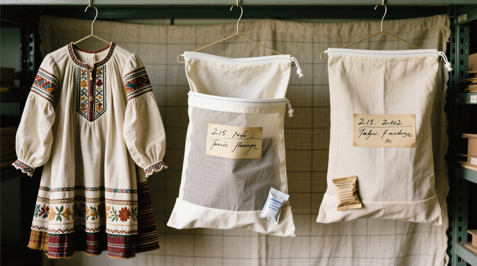 A minimalist closet section showing three padded hangers holding separate cotton garment bags—each labeled 'GLOW', 'SPARKLE', and 'PAINT'—with a small vacuum cleaner and lint roller on an adjacent shelf