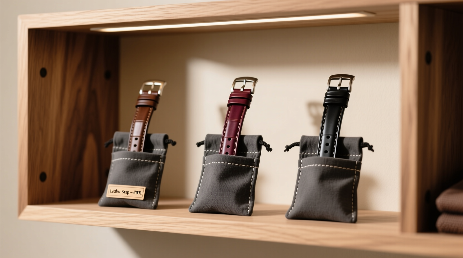 Three leather watch straps stored upright in separate charcoal-gray linen pouches inside an open, light-filtered wooden shelf unit—no visible sunlight, no adjacent fabrics or wood finishes, ambient room lighting only
