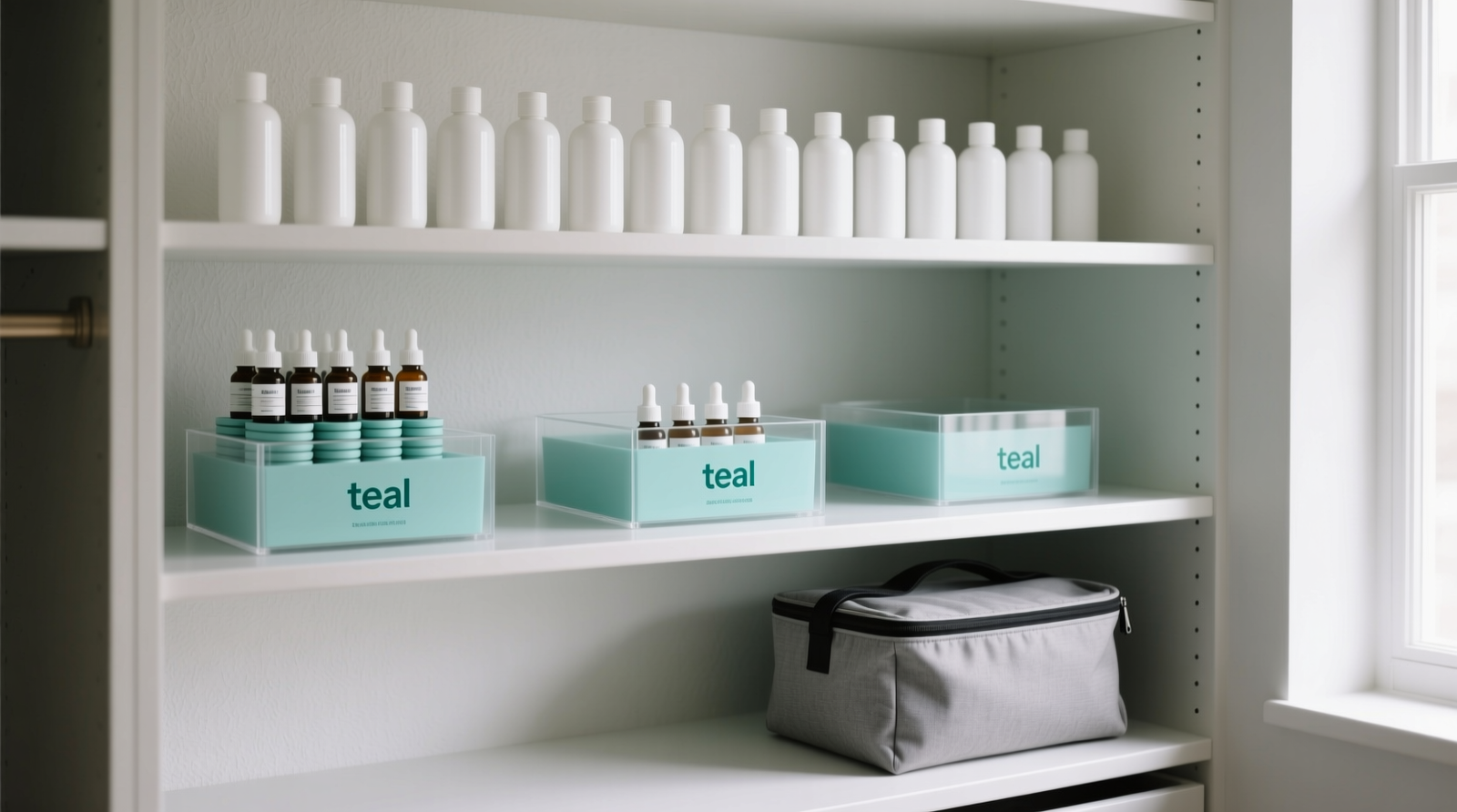 A minimalist closet section showing three clearly defined zones: top shelf with uniform matte-white bottles, middle tier with shallow teal-labeled acrylic bins holding upright serums, and a compact insulated tote tucked beneath the shelf—no visible wires, no glassware, no clutter.
