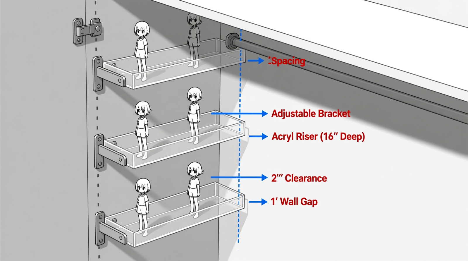 Close-up of anime figures mounted vertically on adjustable metal shelving with matte acrylic front panel, silicone base pads visible, and warm LED strip lighting recessed above each shelf