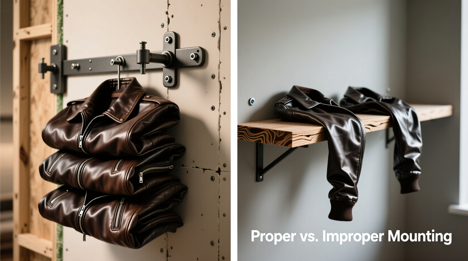 Side-by-side comparison showing properly installed heavy-duty shelf brackets supporting three stacked leather jackets versus a sagging floating ledge with two jackets slipping off the front edge