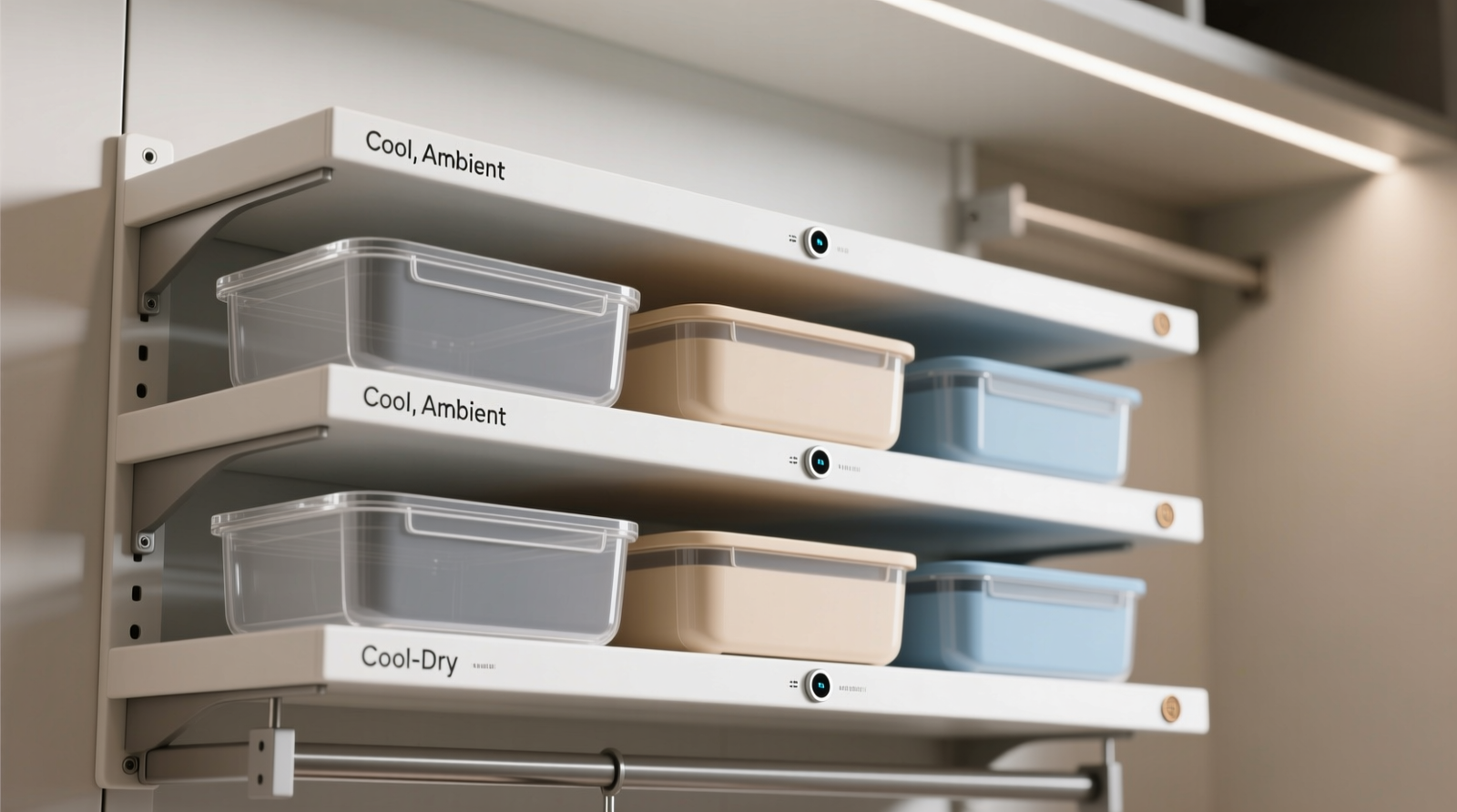 Three-tiered closet shelf system showing labeled, opaque acrylic containers in Cool, Ambient, and Cool-Dry zones, with temperature and humidity sensors mounted discreetly on each shelf