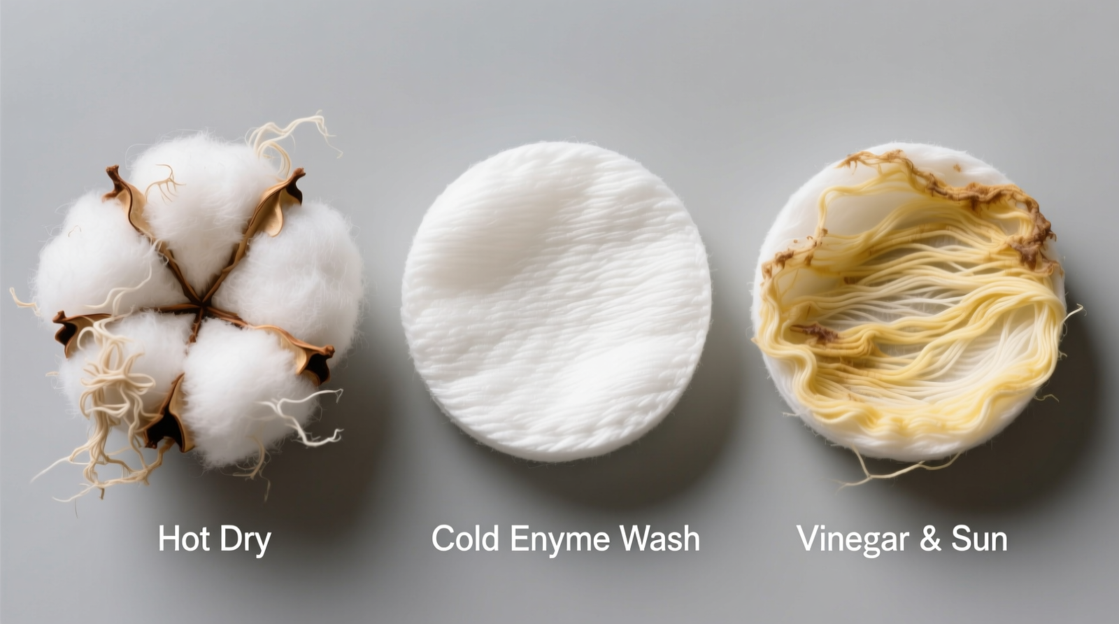 Close-up of three identical cotton rounds side-by-side: left shows pilling and stiffness after hot drying, center displays smooth, plump texture after cold enzyme wash and air-drying, right reveals yellowing and fiber matting from vinegar soak and sun exposure