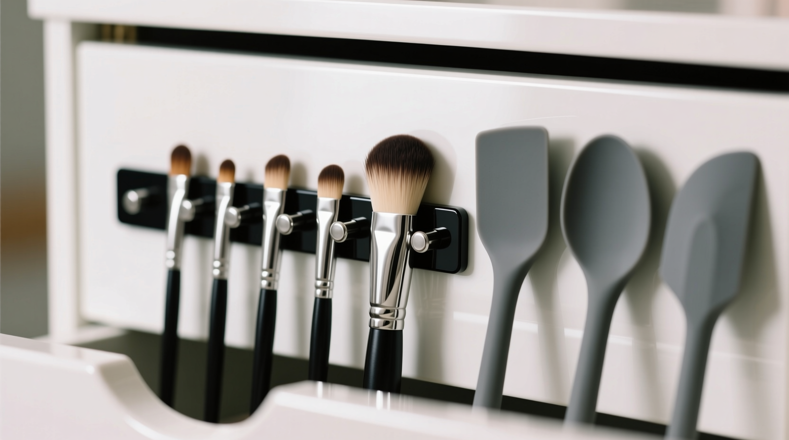 Close-up of a white lacquered drawer interior showing a sleek black neodymium magnetic strip mounted vertically on the front panel, holding five stainless steel makeup brushes by their metal ferrules and three matte-gray silicone spatulas standing upright in staggered alignment beside the strip